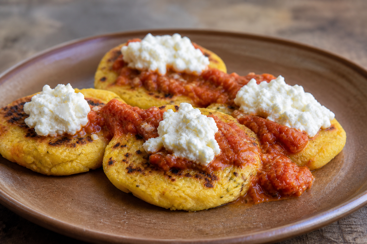 Salvadoran corn and alguashte patties with ricotta-style fresh cheese and warm roasted tomato sauce