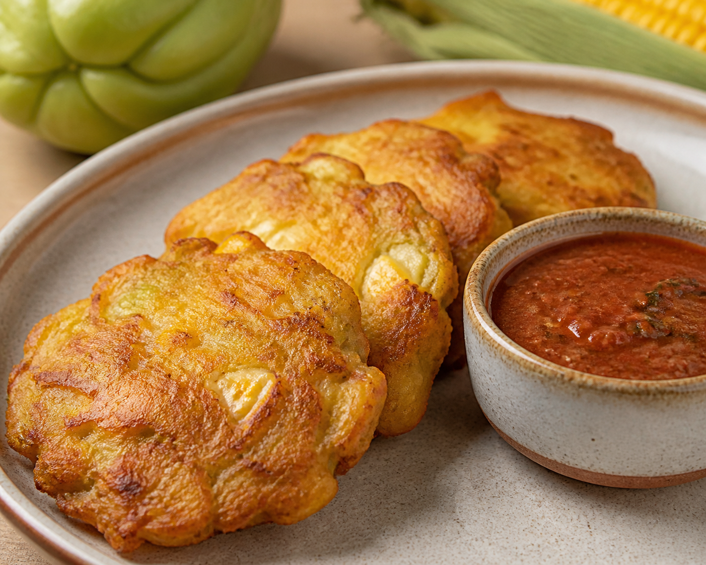 Torrejitas salvadoreñas de güisquil y queso con salsa de tomate asado y hierbabuena