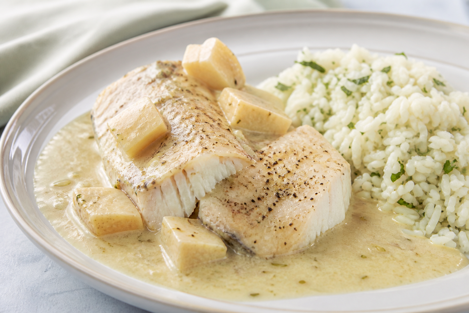 Honduran Fish in Green Banana Coconut Sauce with Cilantro Rice