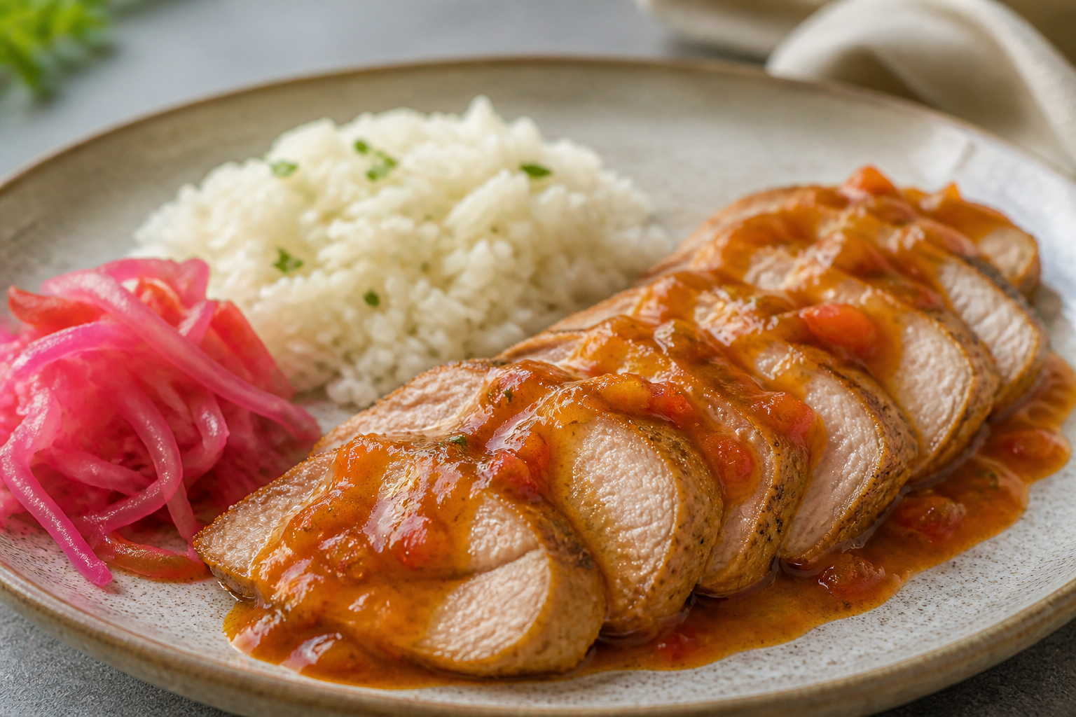 Lomo de Cerdo Catracho en Salsa de Nance y Chile Dulce con Arroz de Coco Salado y Repollo Encurtido