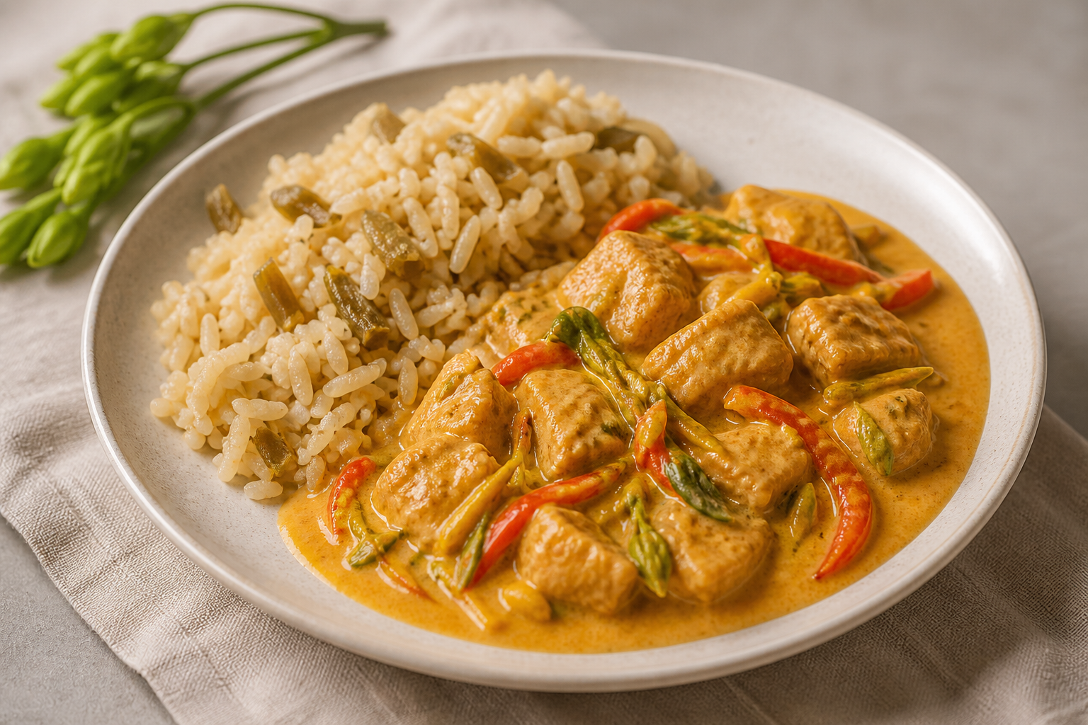 Honduran Chicken in Loroco, Coconut and Sweet Pepper Sauce with Green Banana Rice