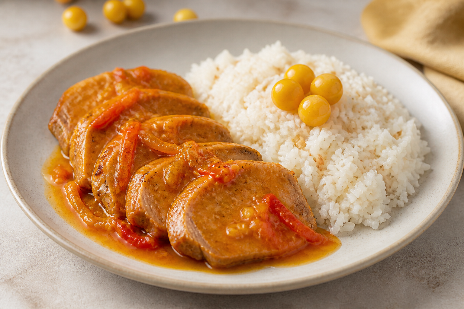 Honduran Pork Loin in Nance and Sweet Pepper Sauce with Gentle Coconut Rice
