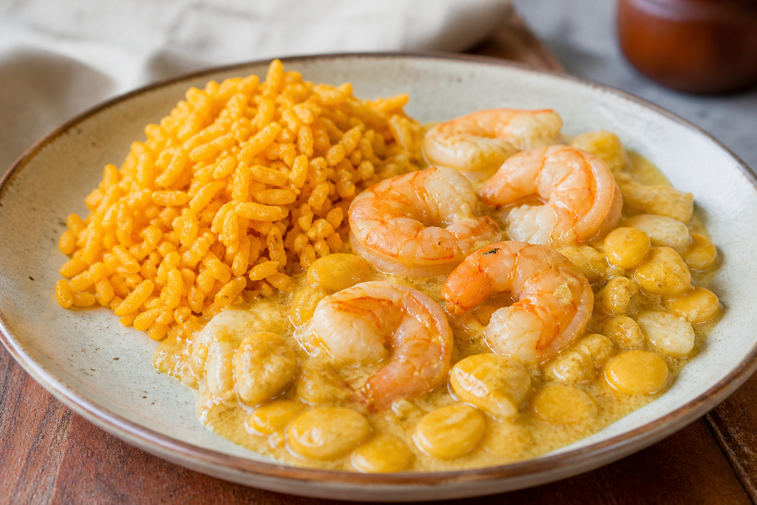 Highland shrimp and chocho encocado with achiote coconut rice