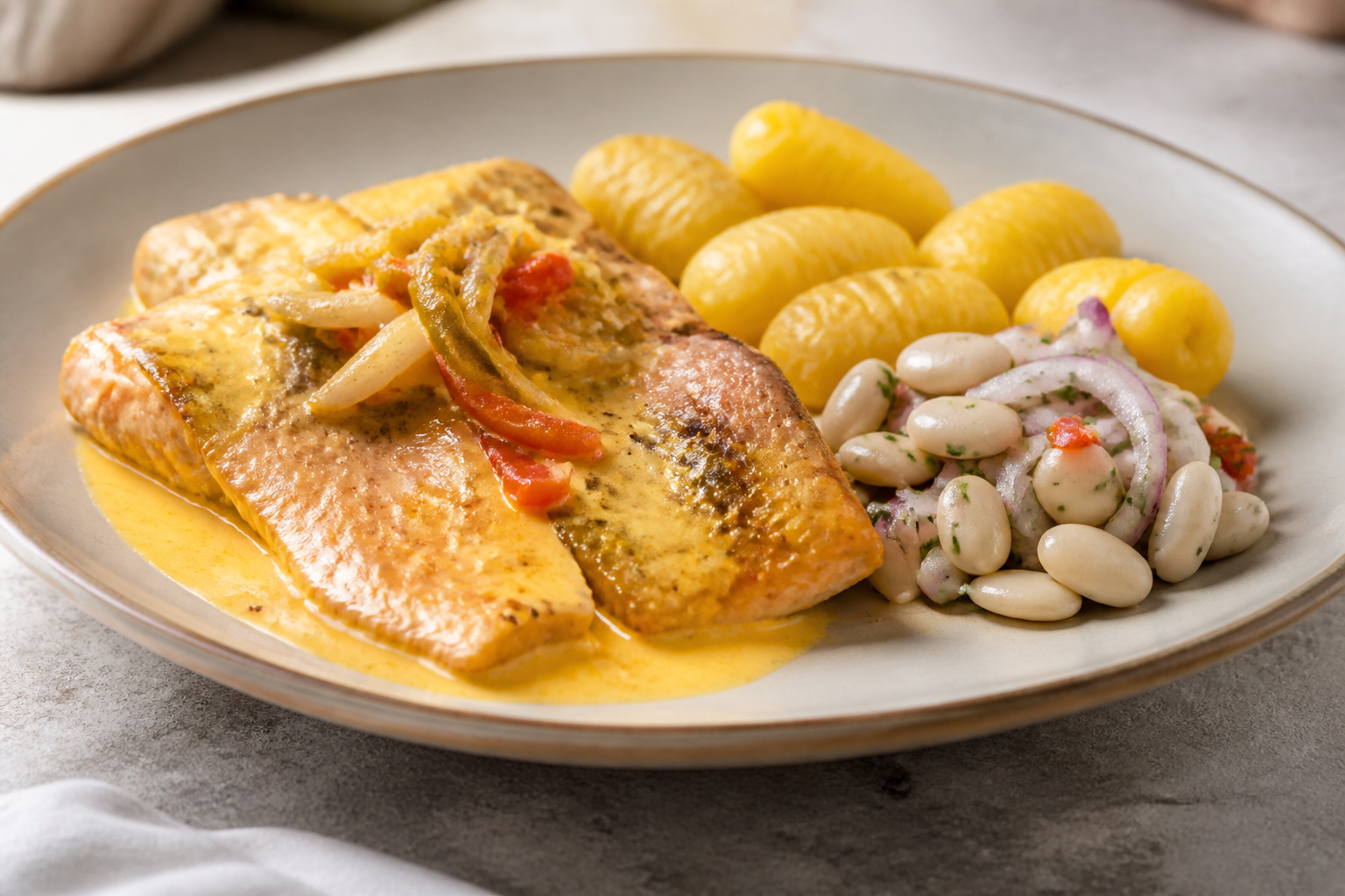 Encocado serrano de trucha con mashua dorada y ensalada tibia de chochos