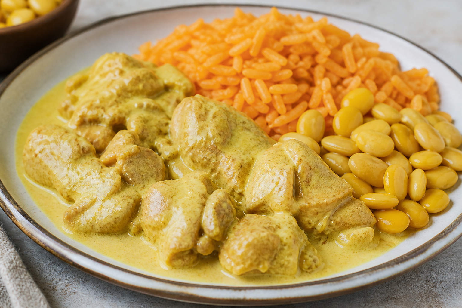 Highland chicken encocado with lupini beans and achiote coconut rice