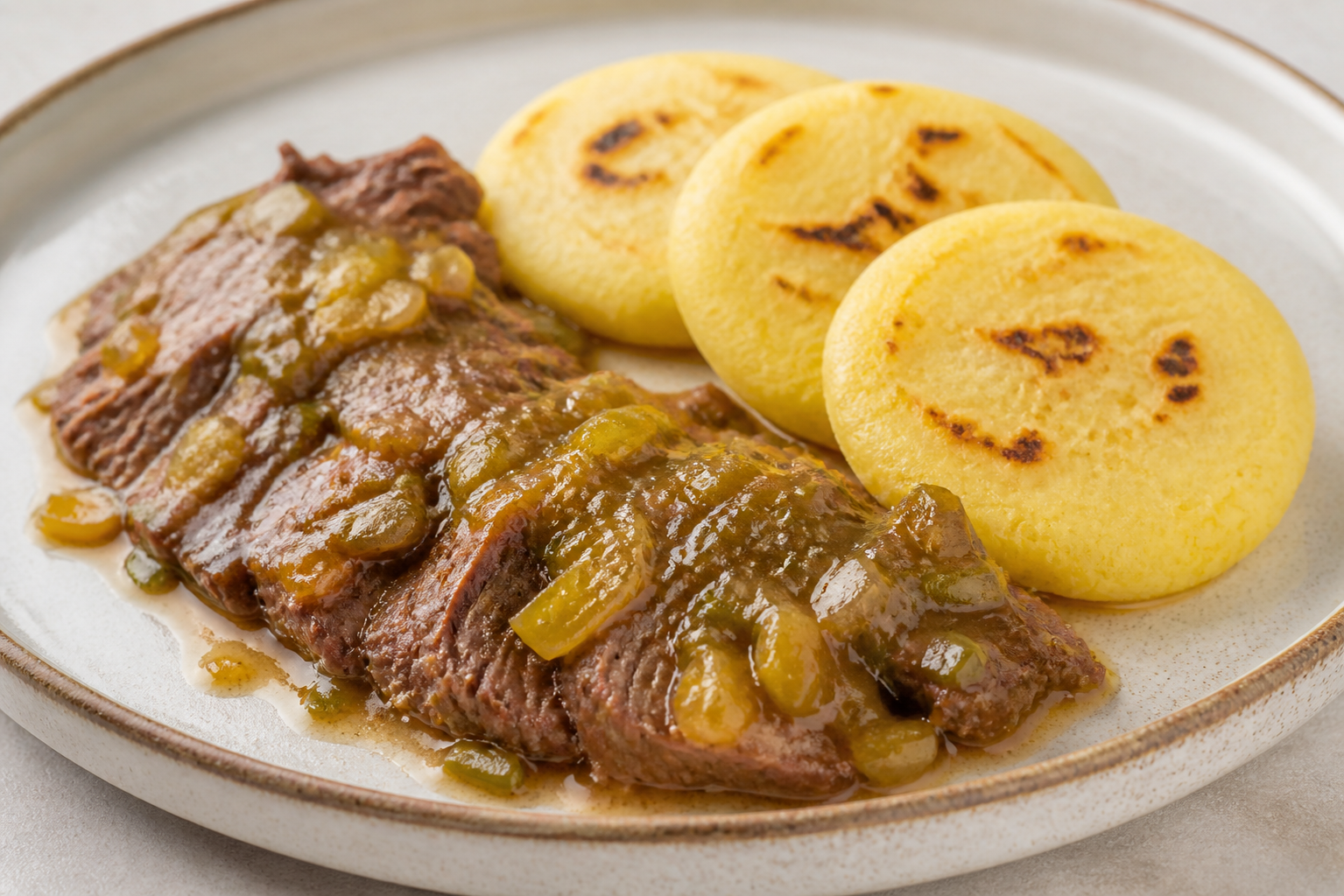 Colombian Flank Pot Roast in Tree Tomato and Scallion Sauce with Tender Sweet Corn Arepas