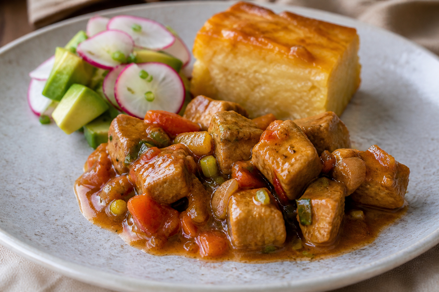 Creole Pork in Tree Tomato and Panela Sauce with Soft Cassava Cake and Avocado Radish Salad