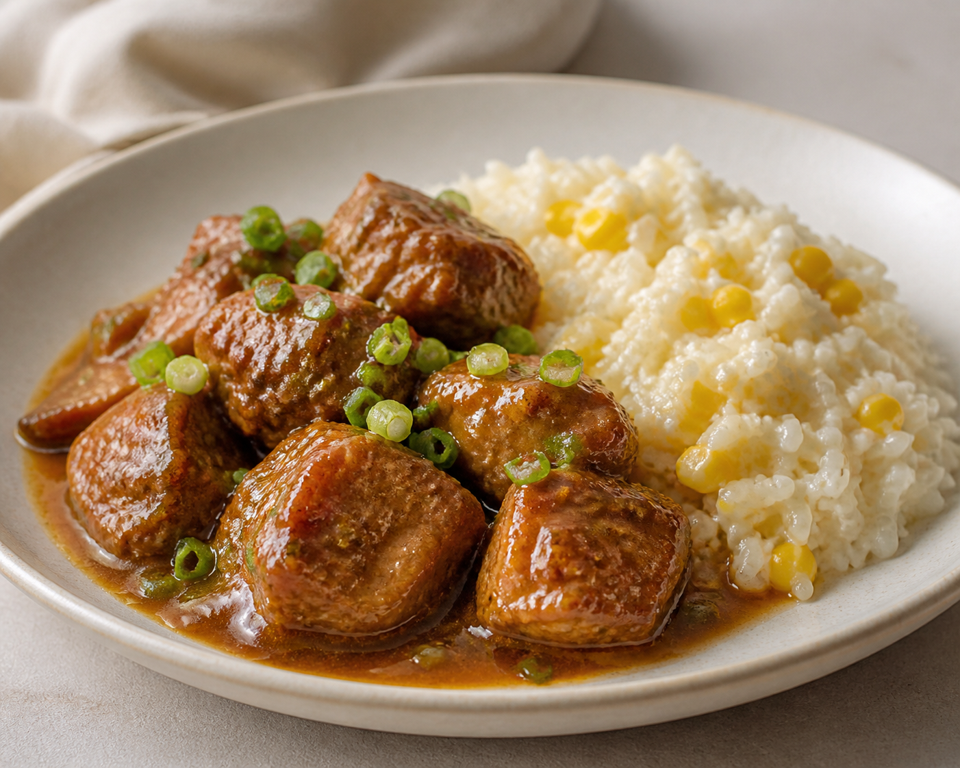 Creole Pork in Sour Orange and Panela Sauce with Creamy Fresh Corn Rice