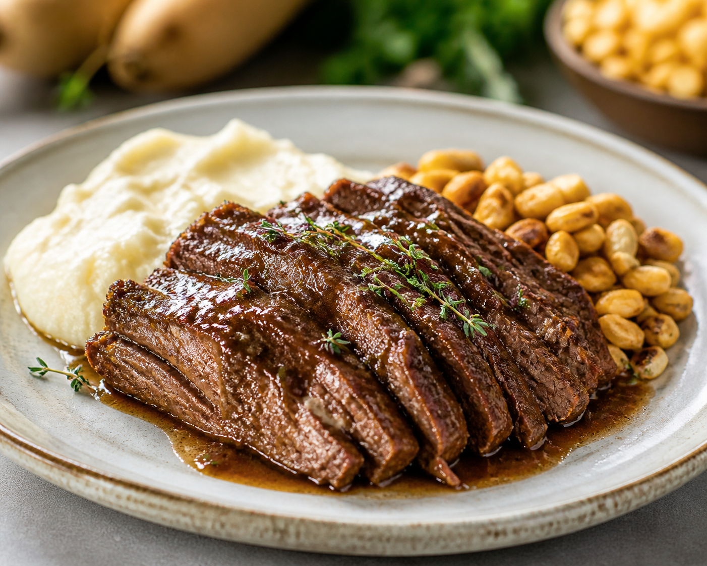 Colombian Flank Pot Roast in Cane Syrup and Thyme Sauce with Arracacha Mash and Toasted Corn