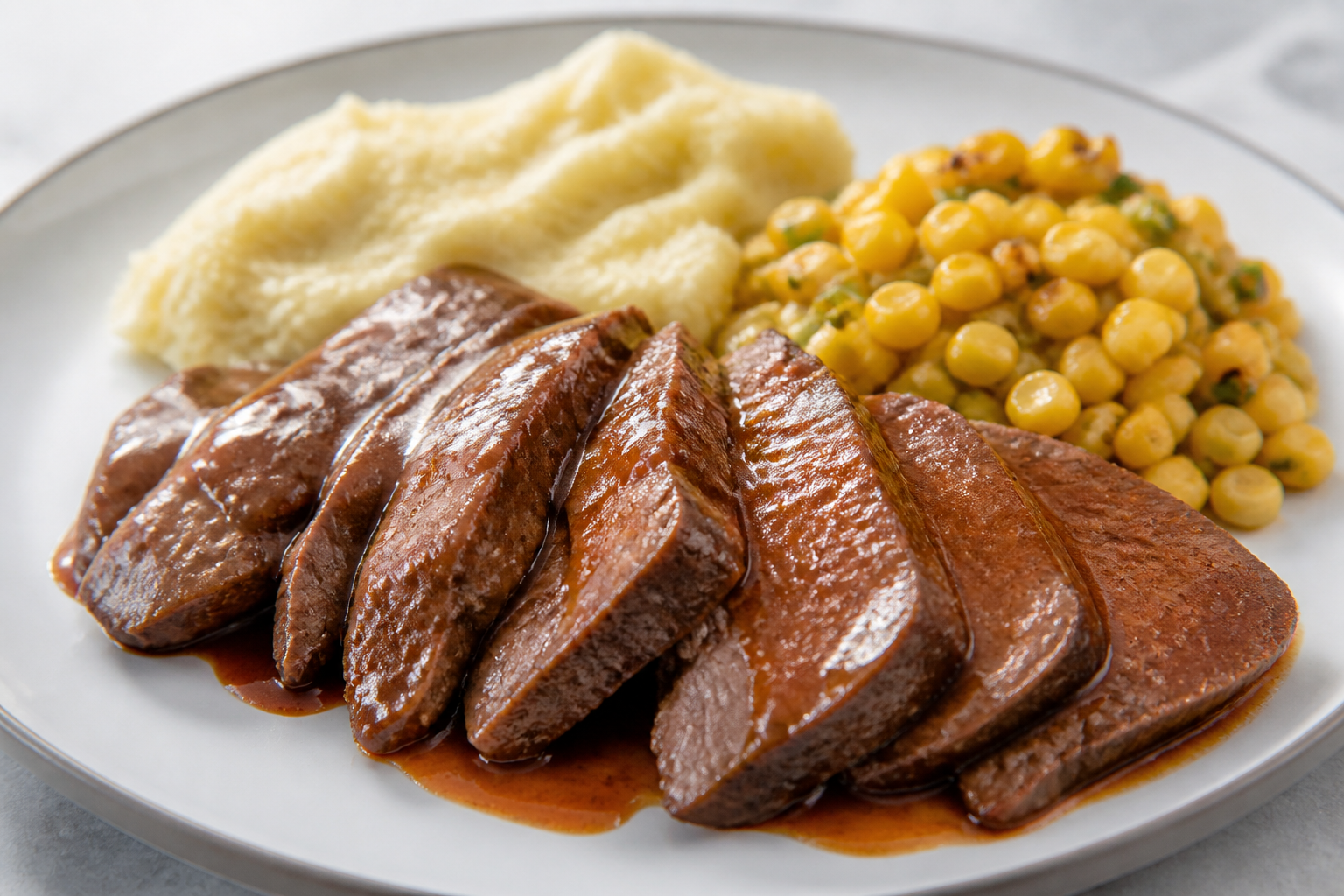 Colombian Flank Pot Roast in Sour Orange and Panela Sauce with Arracacha Mash and Warm Sweet Corn Salad
