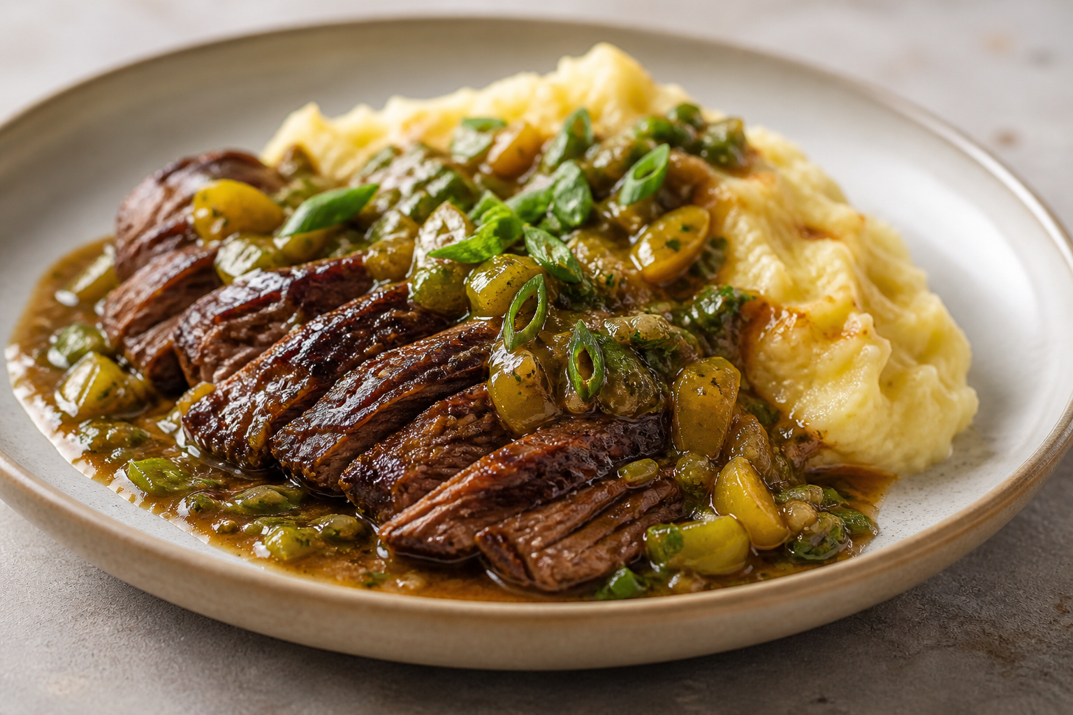 Colombian Flank Pot Roast in Tree Tomato and Scallion Sauce with Smoky Arracacha Mash