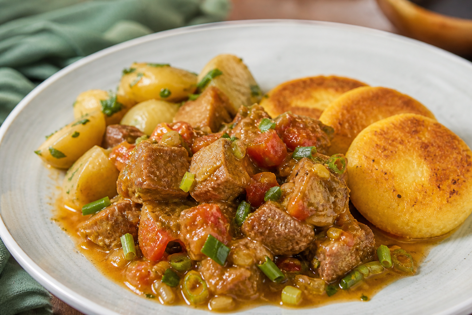 Cerdo Sudado en Salsa de Curuba y Cebolla Larga con Papa Criolla y Arepitas Doradas de Quinua