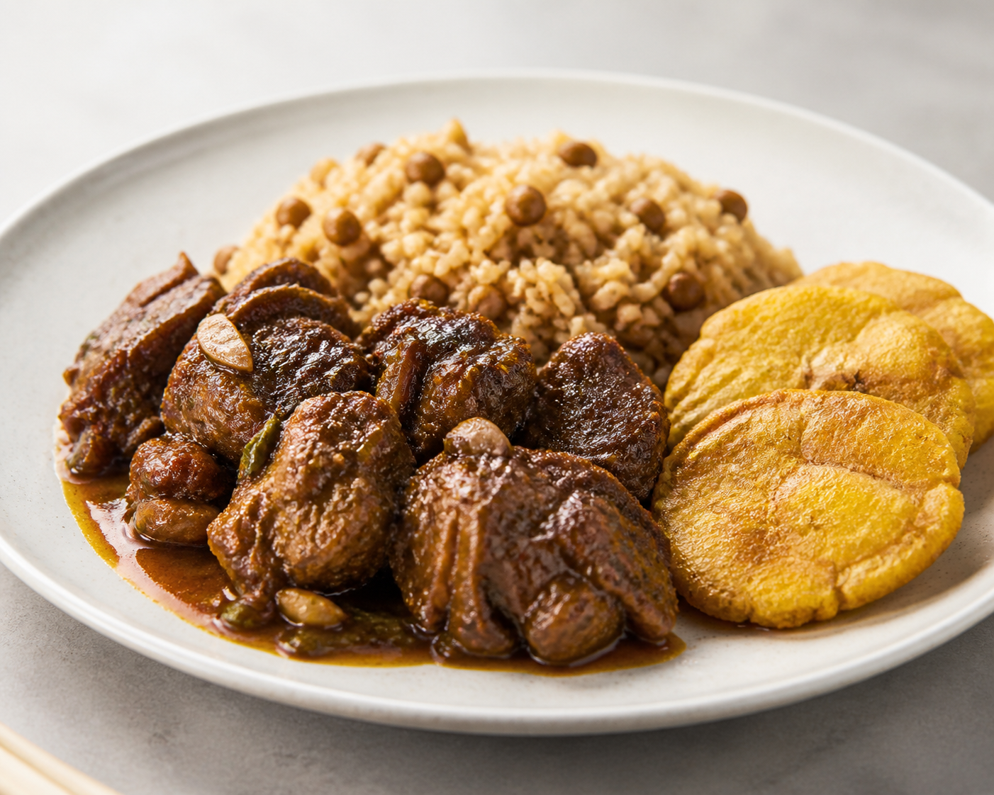 Dominican Rum and Oregano Braised Goat with Tender Pigeon Pea Rice and Green Plantain Tostones