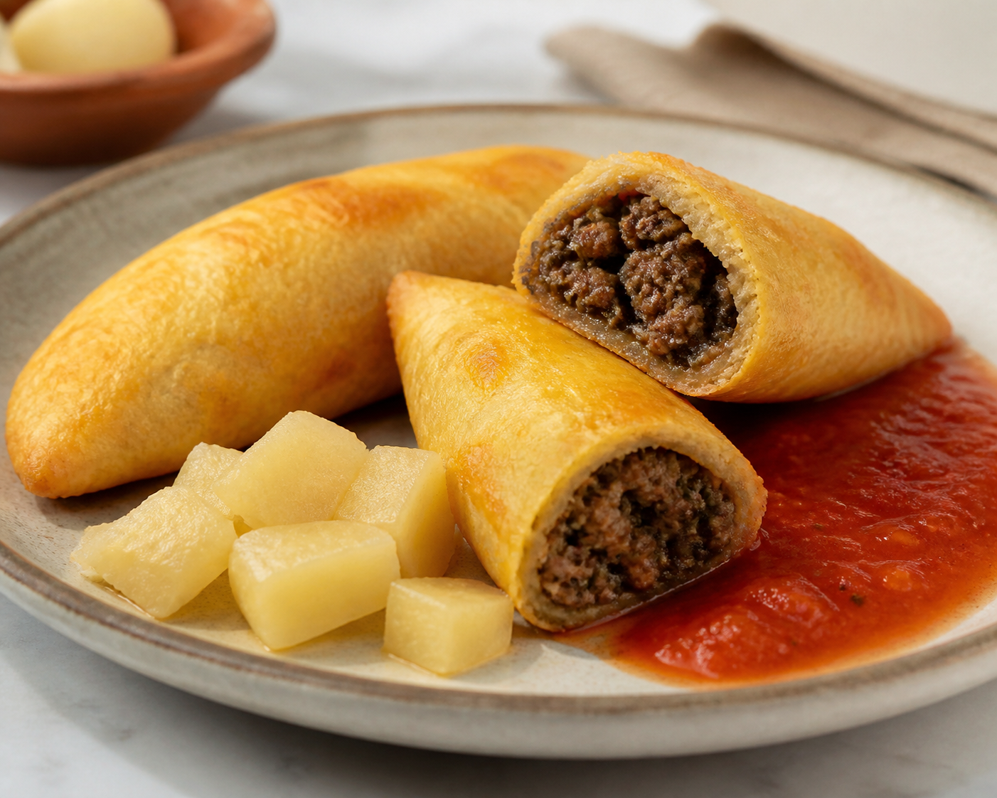 Pastelitos Dominicanos de Yuca con Res al Orégano y Salsa Tibia de Tomate Asado