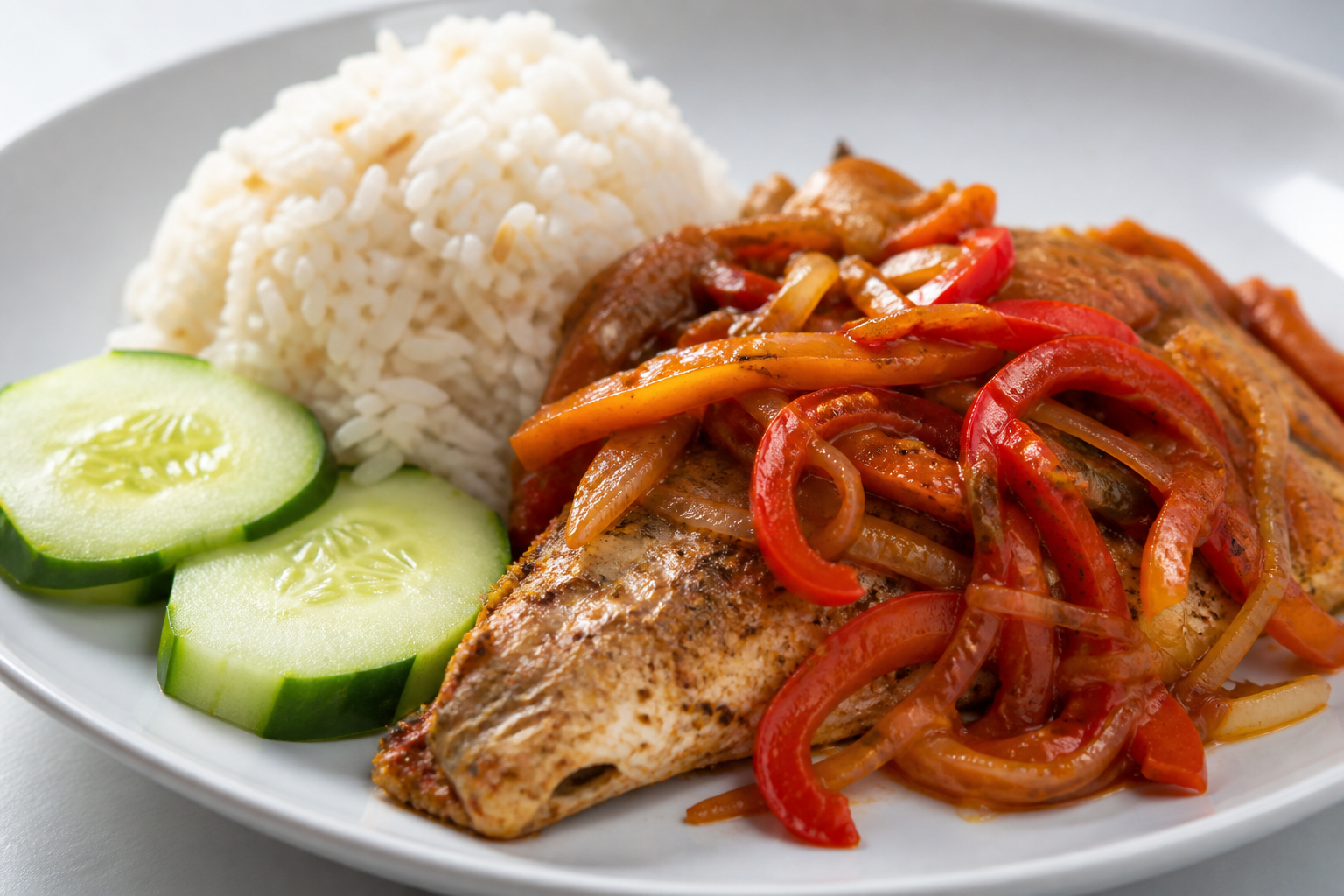 Chillo Dominicano en Escabeche de Tamarindo y Ajíes Dulces con Arroz de Coco y Pepino Fresco