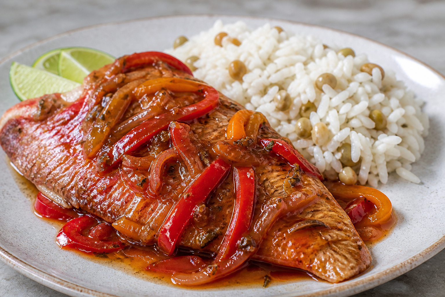 Dominican Red Snapper in Tamarind and Sweet Pepper Sauce with Gentle Coconut Pigeon Pea Rice