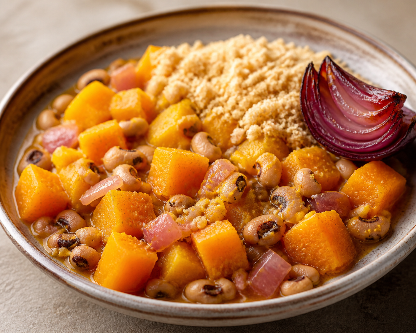 Brazilian Pumpkin and Black-Eyed Pea Quibebe with Coconut Farofa and Roasted Red Onion