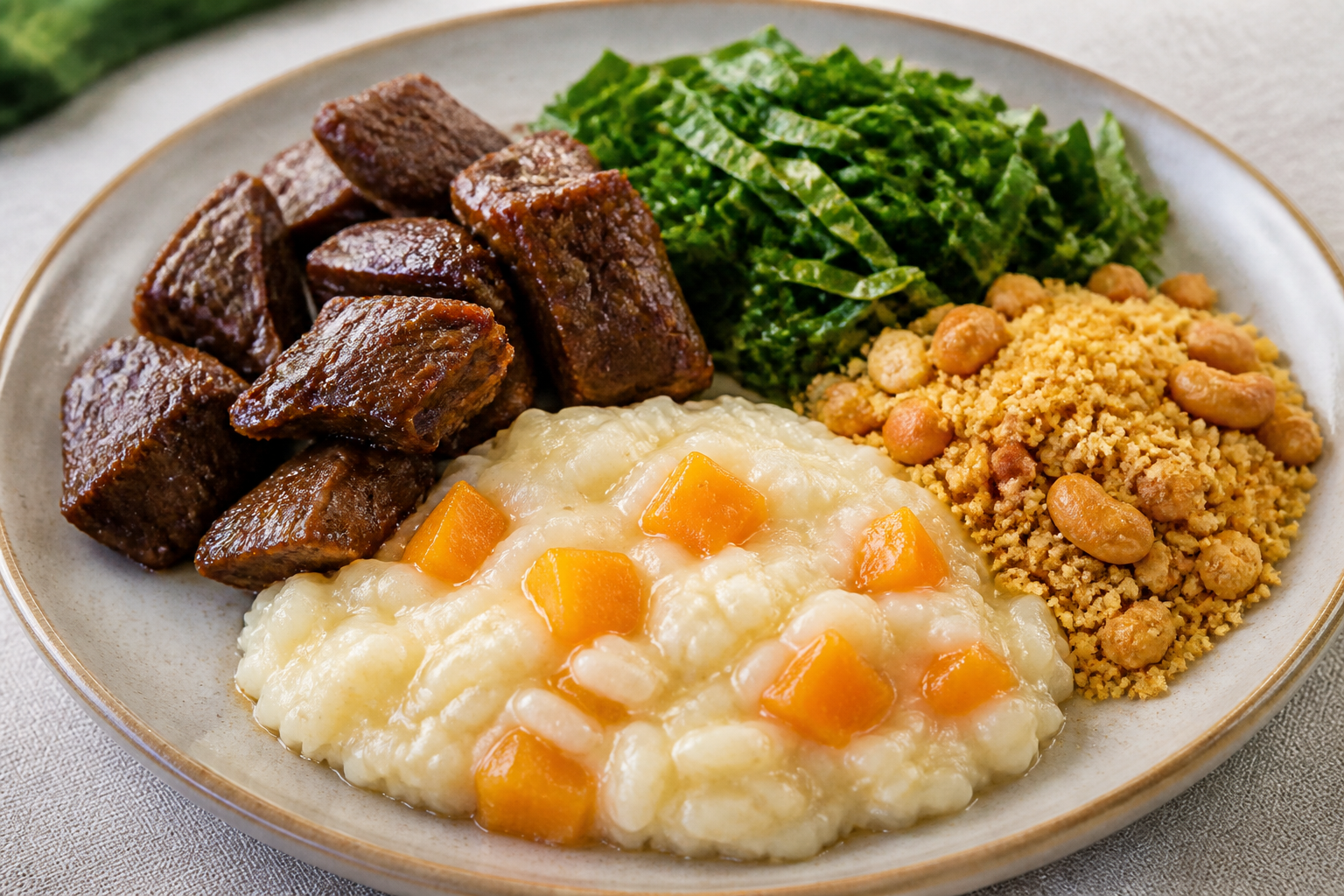 Brazilian Creamy Rice with Beef Ribs, Pumpkin, Sautéed Collards and Cashew Farofa