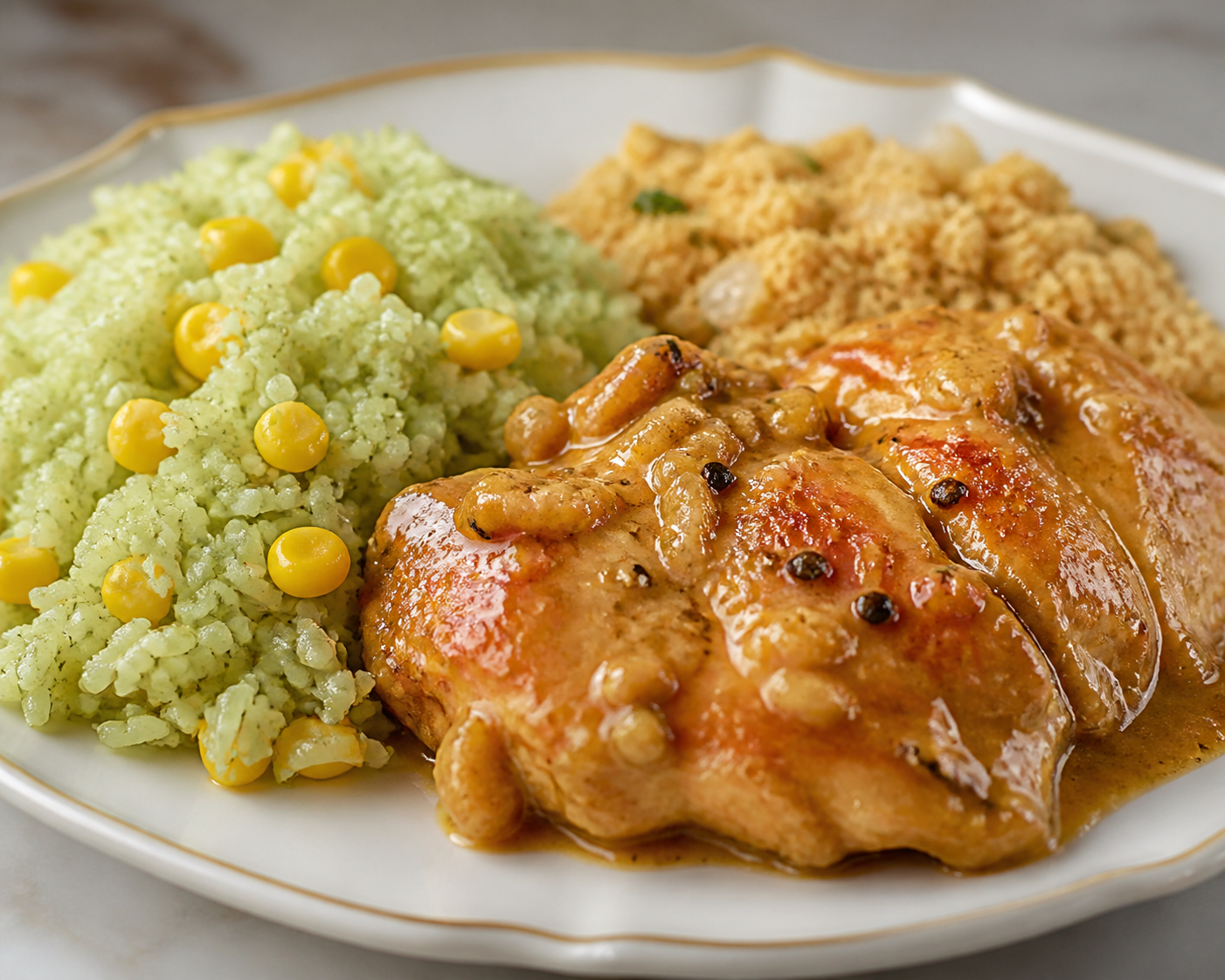 Brazilian Passion Fruit and Ginger Chicken with Creamy Green Corn Rice and Onion Farofa