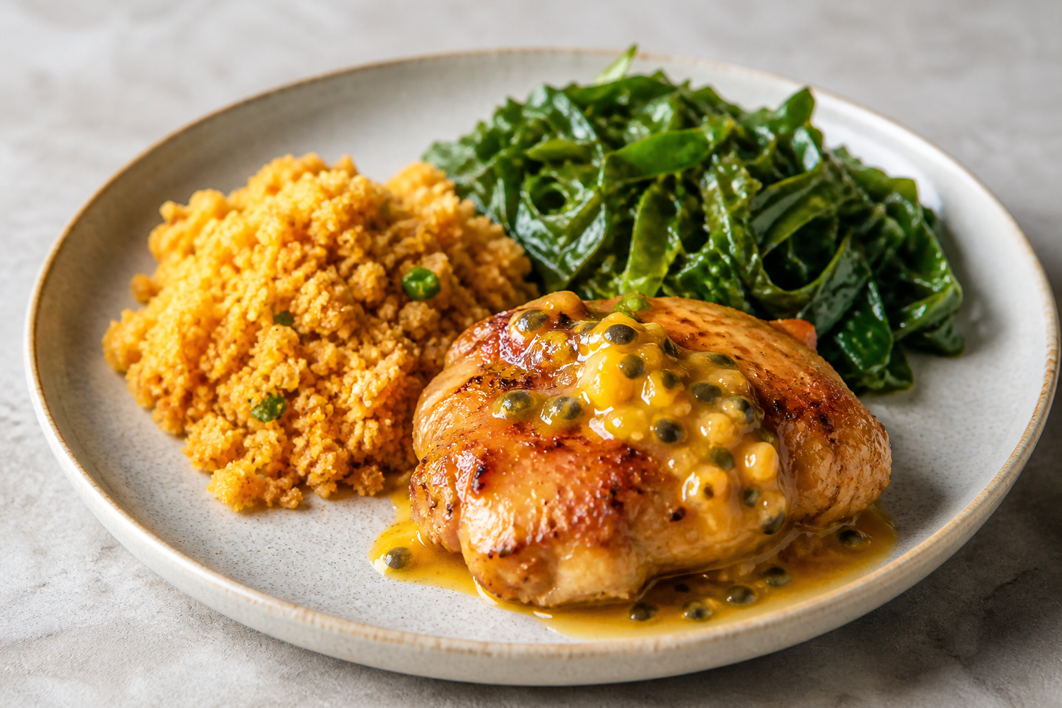 Brazilian Passion Fruit and Ginger Chicken with Corn Farofa and Sautéed Collard Greens