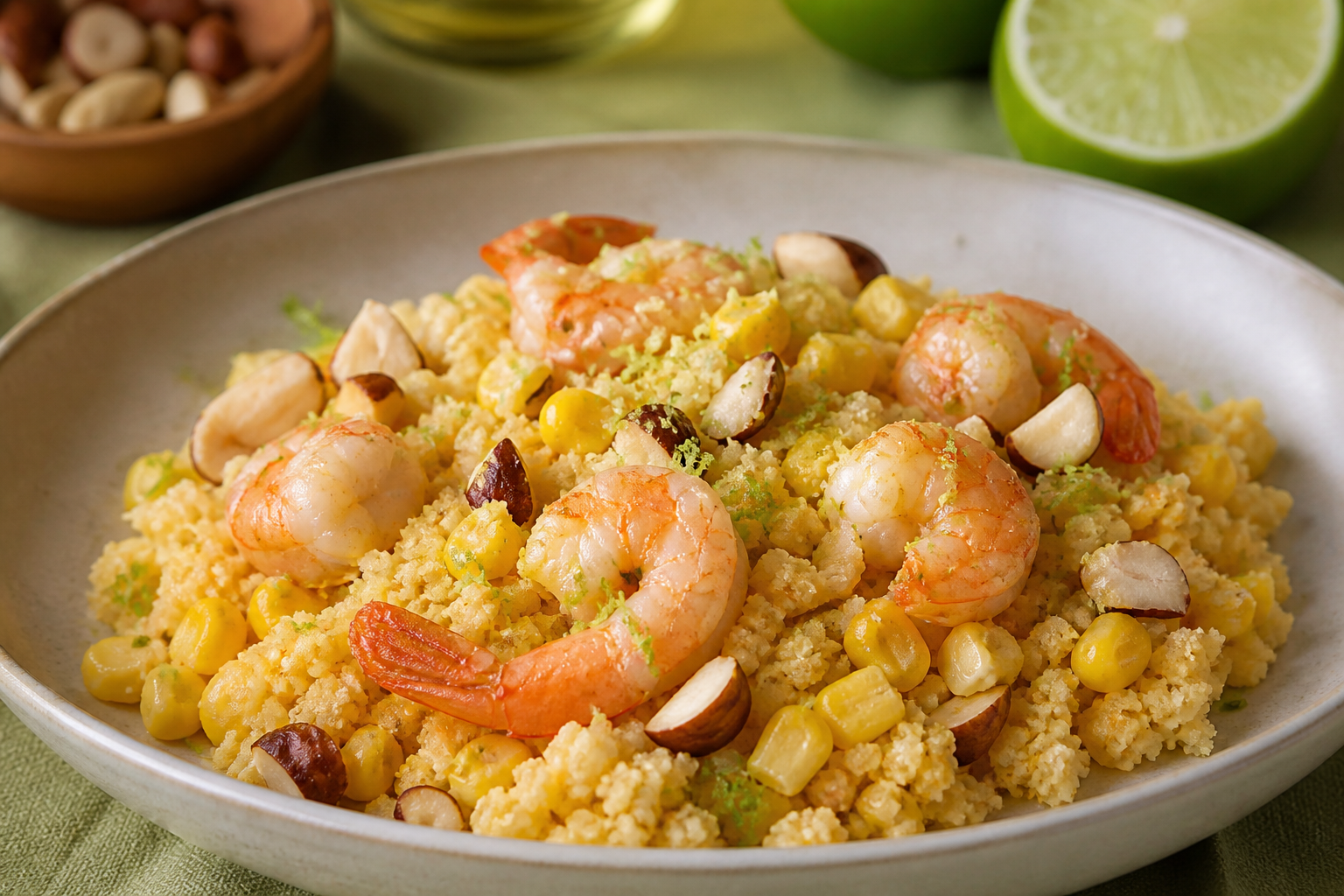 Cuscuz Brasileño de Camarón, Maíz y Coco con Vinagreta de Lima y Castaña
