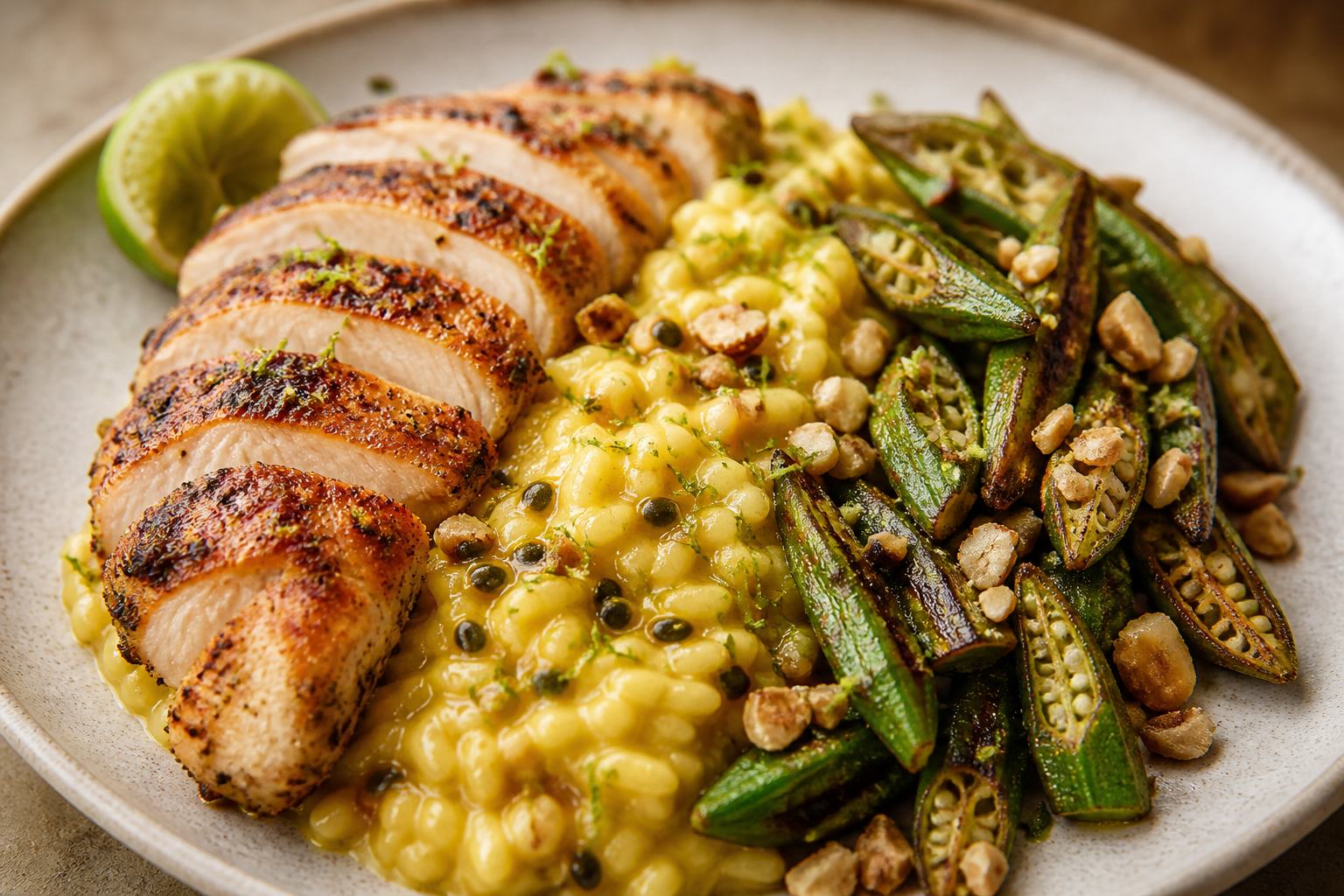 Brazilian Creamy Passion Fruit Rice with Seared Chicken, Roasted Okra and Brazil Nut Crunch