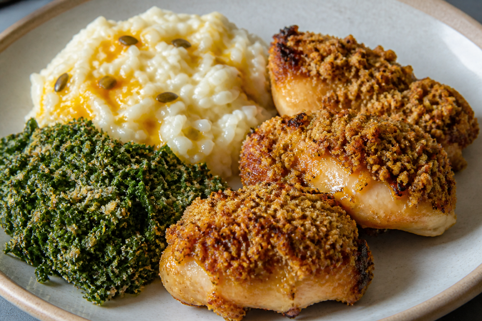 Pollo Brasileño al Horno con Costra de Cajú y Hierbas, Arroz Cremoso de Maracuyá y Farofa de Col