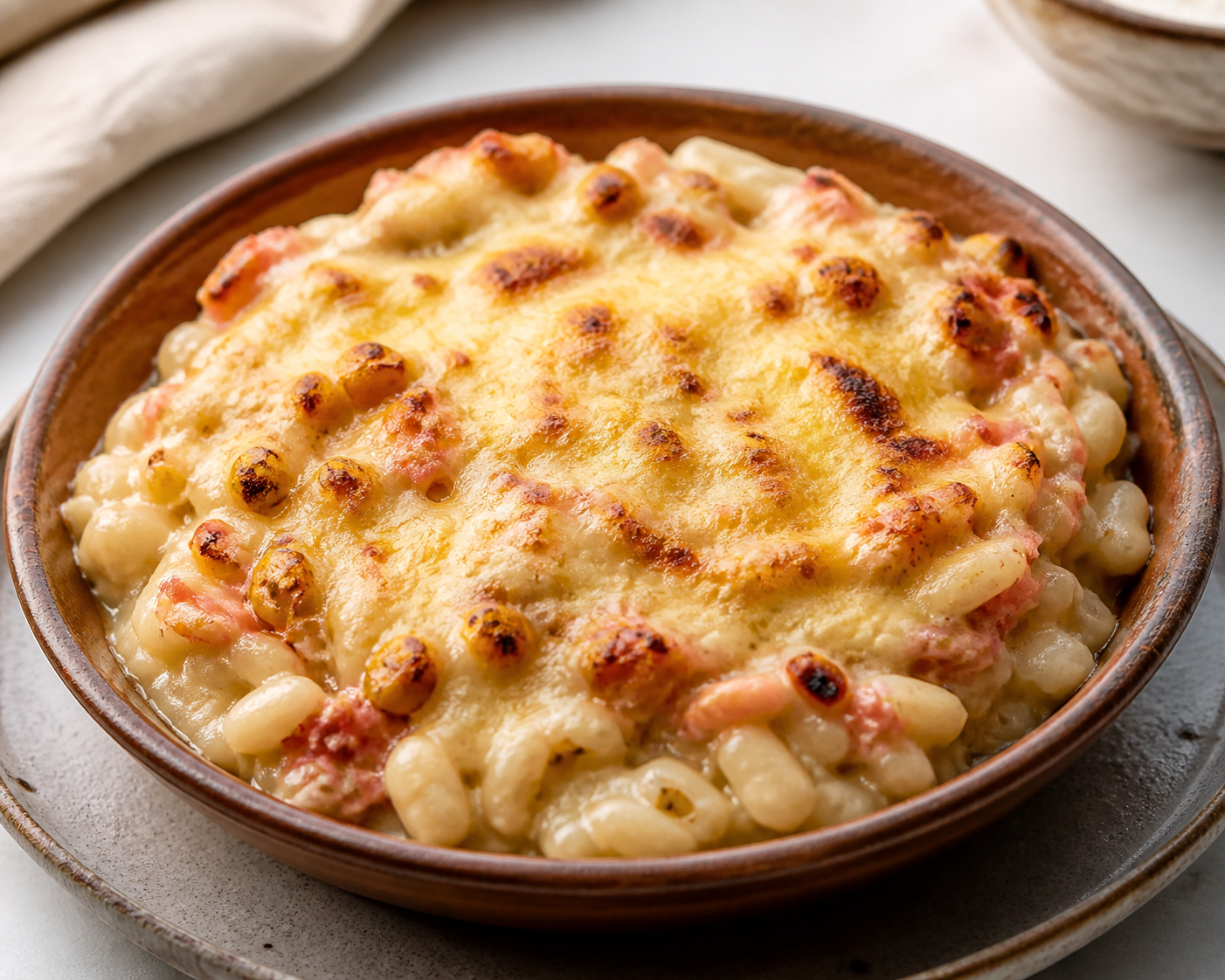 Mote and Crab Bake with Toasted Corn and Chanco Cheese Gratin