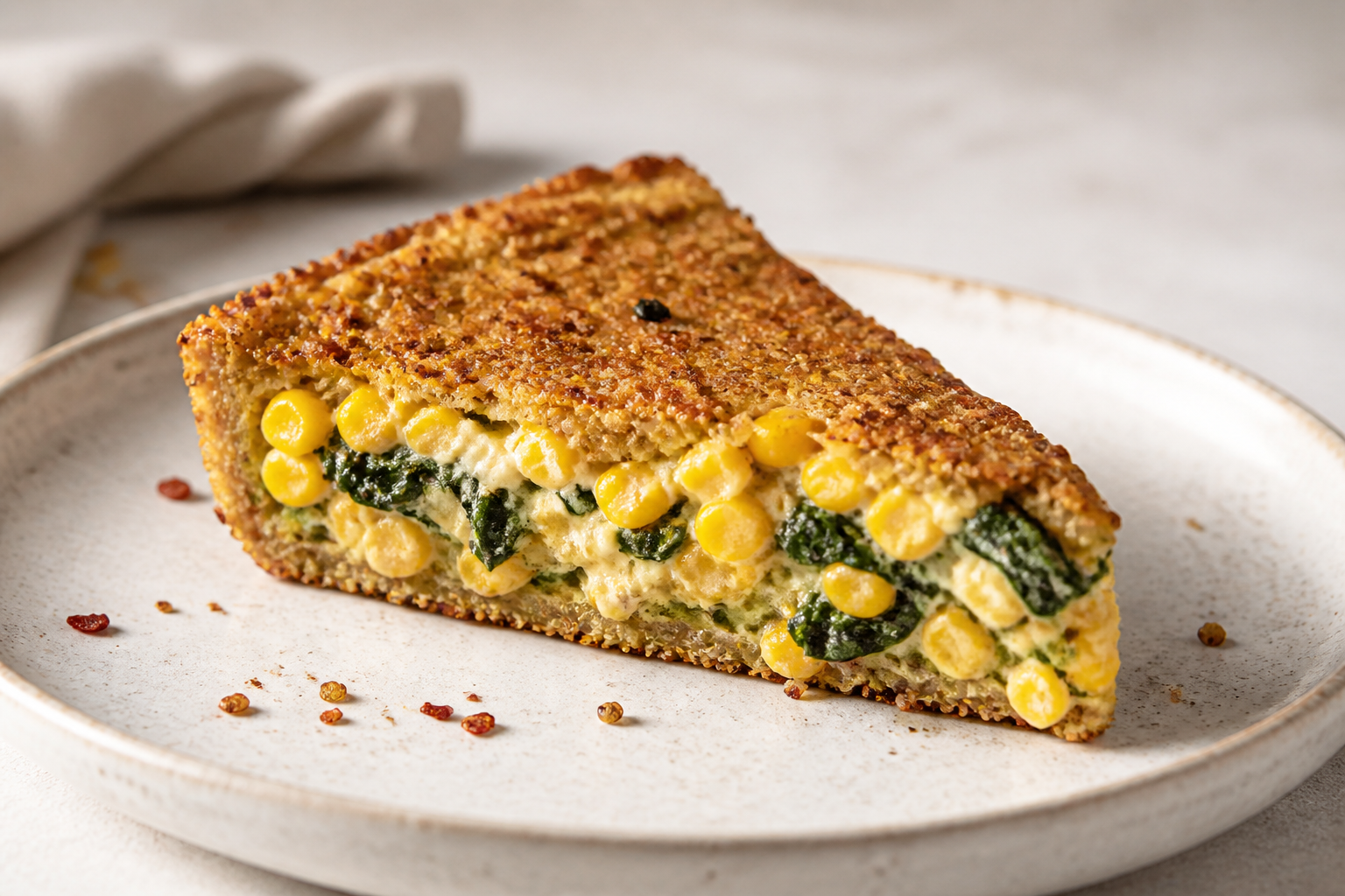 Pastel de Quínoa Tostada con Pino de Choclo, Espinaca y Queso Chanco al Merkén