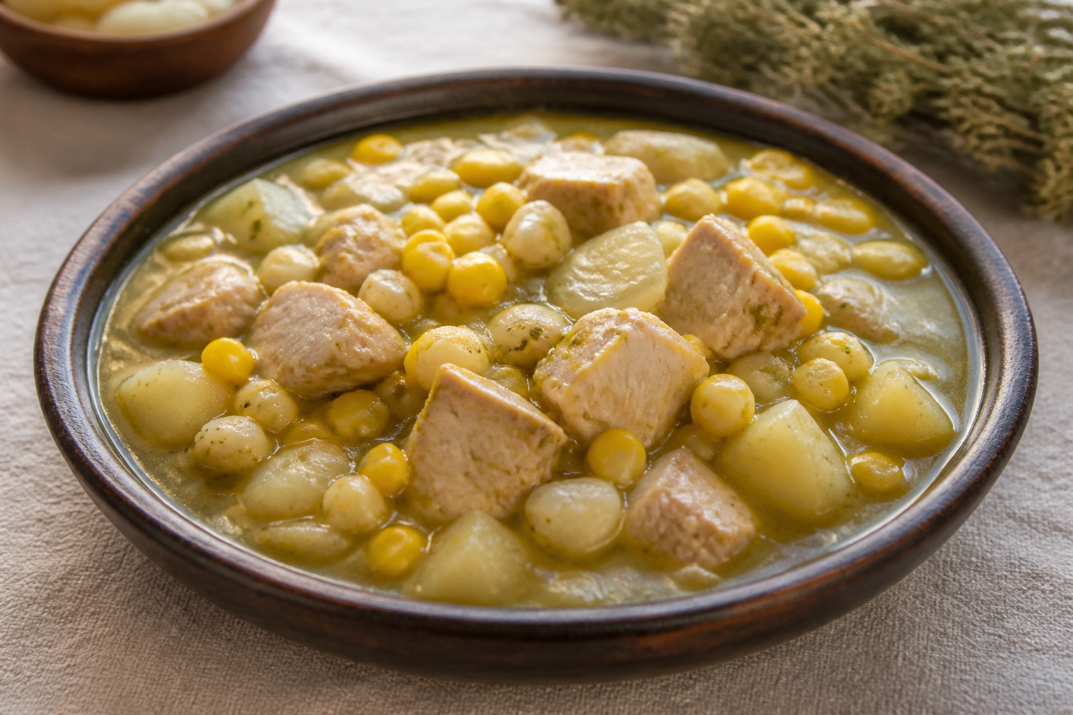 Cazuela Dorada de Pavo, Mote y Choclo con Salsa Cremosa de Ají Verde
