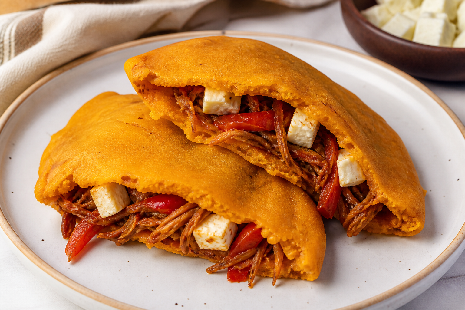 Pastelitos Caraqueños de Maíz y Batata con Pavo al Papelón, Ají Dulce y Queso Fresco