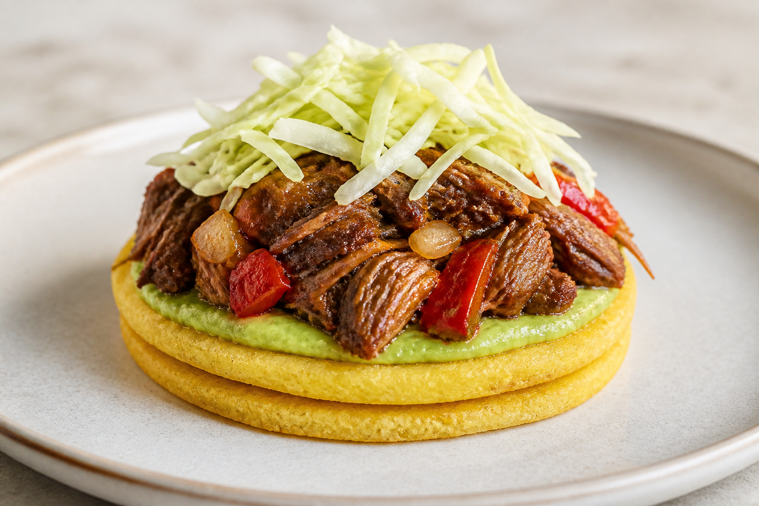 Torre de Arepitas de Choclo con Cerdo al Papelón, Crema de Aguacate y Ensalada de Repollo al Limón