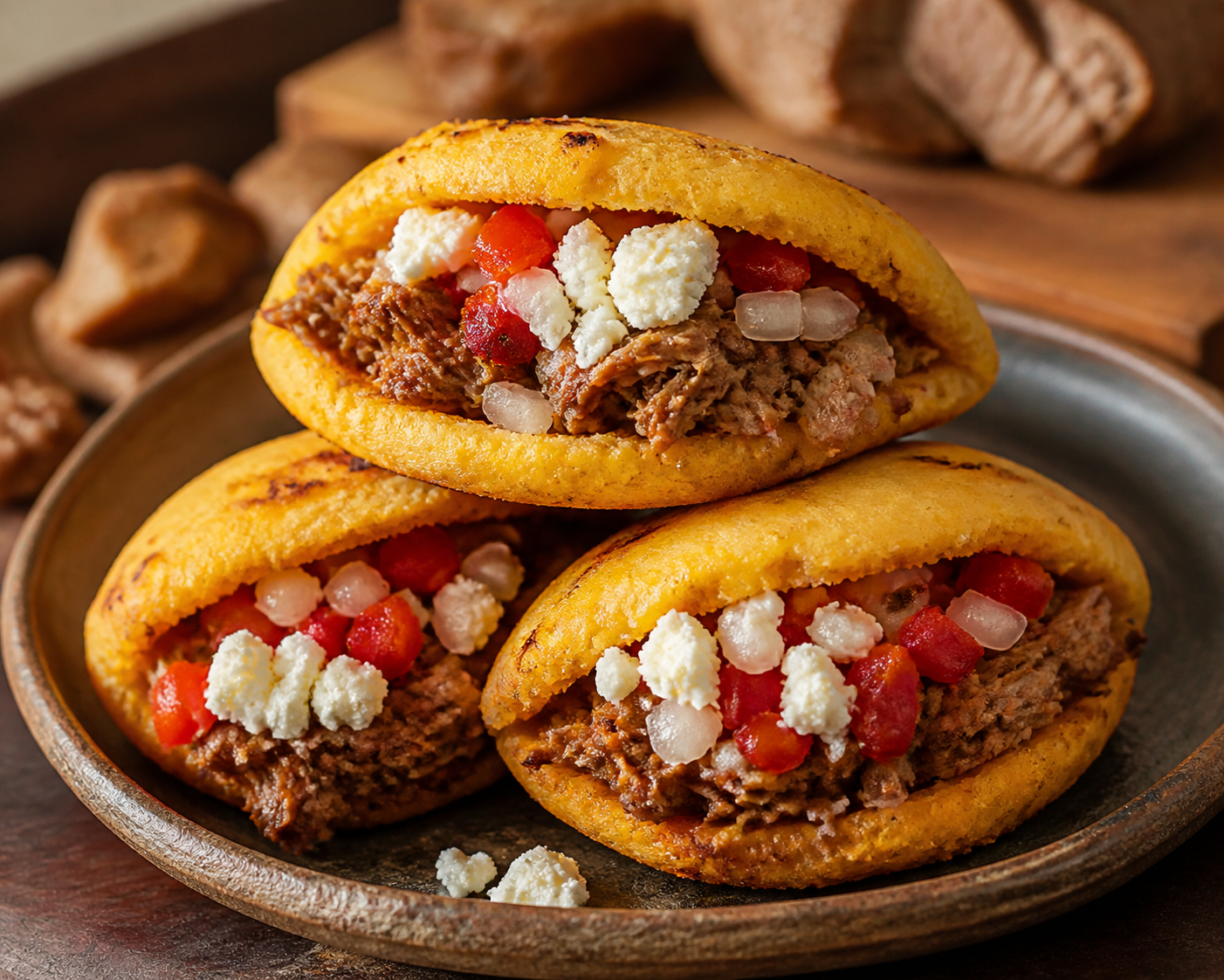 Pastelitos Caraqueños de Batata y Maíz con Ropa de Cerdo al Papelón, Ají Dulce y Queso Fresco