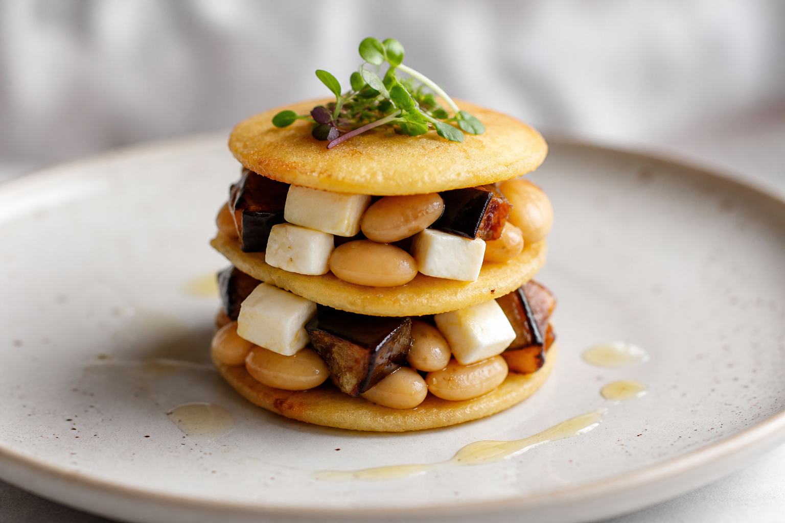Torre de Arepitas Crocantes con Guiso de Caraotas Mantequilla, Berenjena Ahumada y Queso de Mano