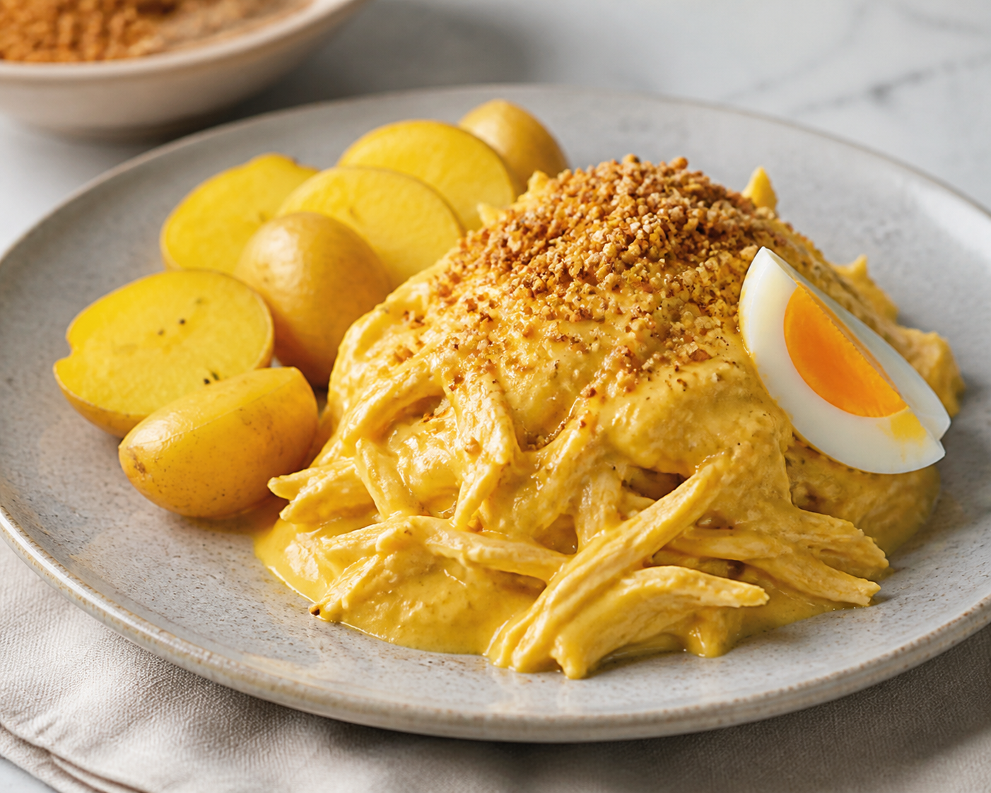 Smoky Aji de Gallina with Golden Potatoes and Kiwicha Crunch