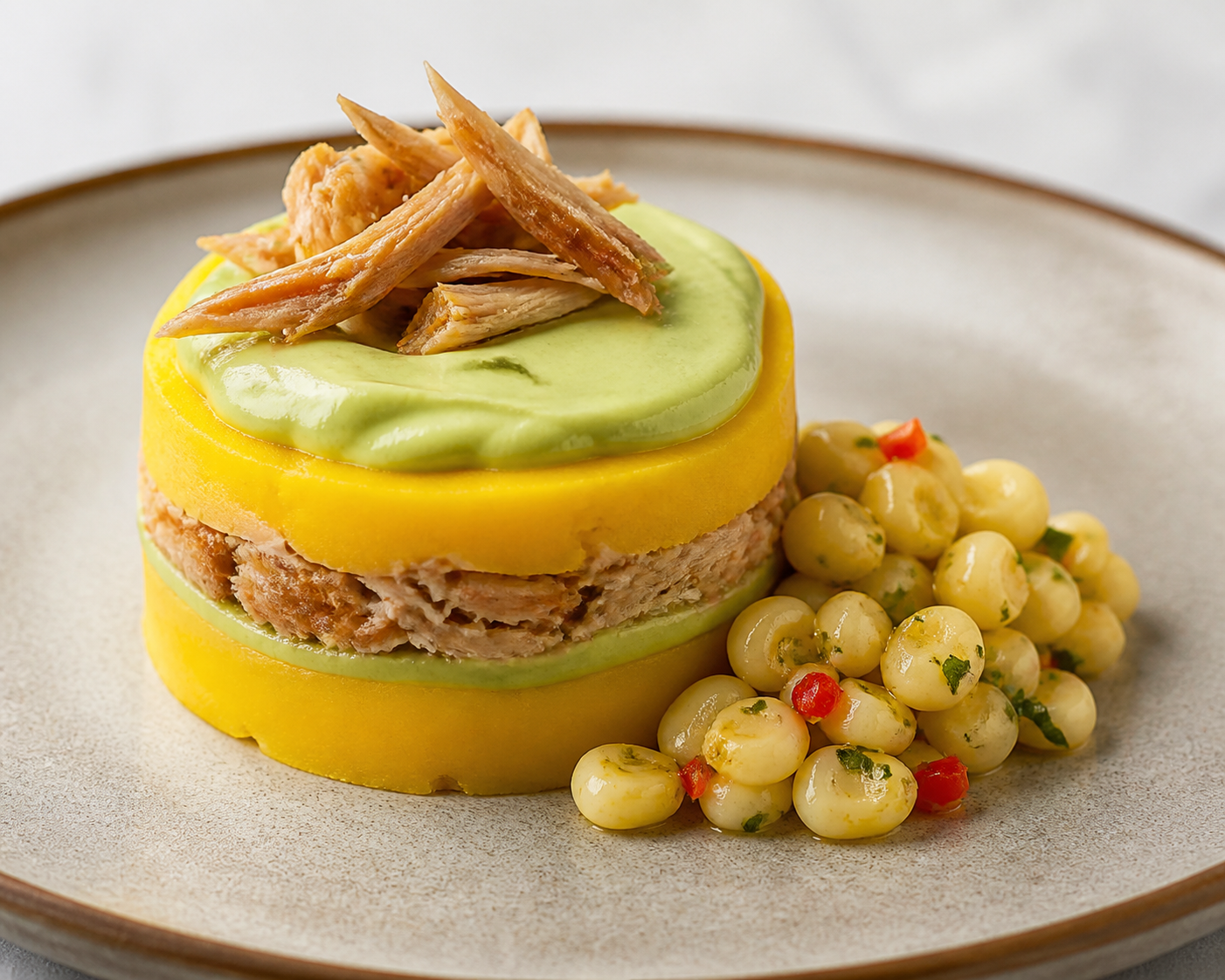 Causa Dorada de Bonito Ahumado con Crema de Palta y Ensalada Tibia de Choclo al Limón