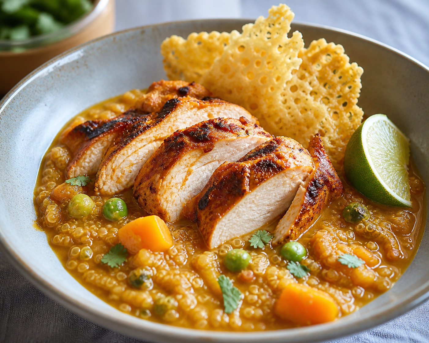 Locro Criollo de Quinua con Pollo al Ají Panca y Tejas de Queso