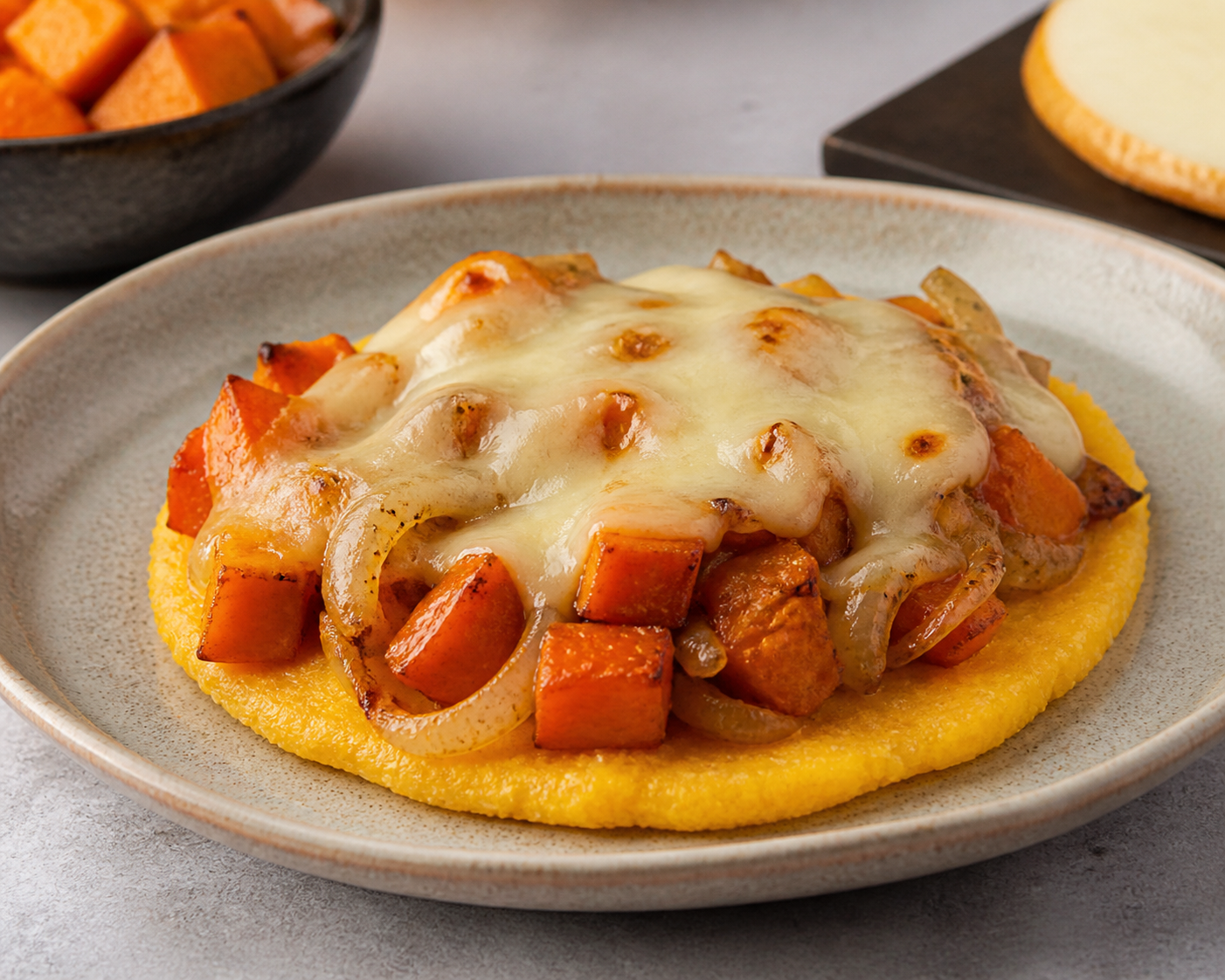 Empanada abierta de calabaza asada, cebolla al comino y provoleta sobre masa de polenta
