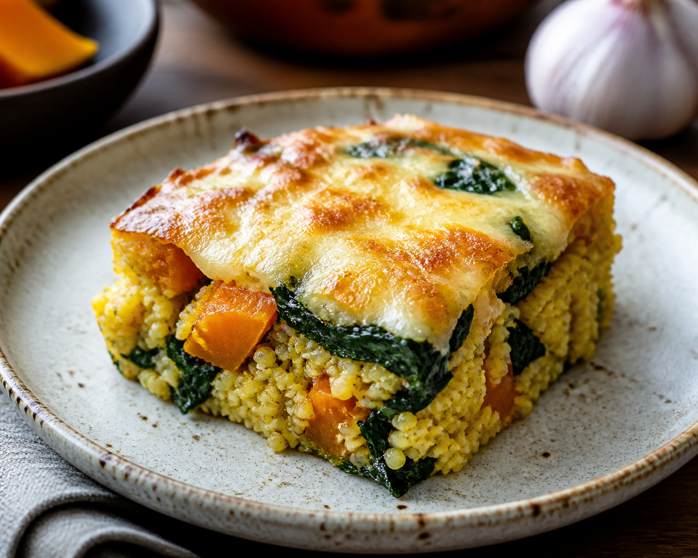 Argentine Millet Bake with Roasted Pumpkin, Garlic Spinach and Provoleta Crust