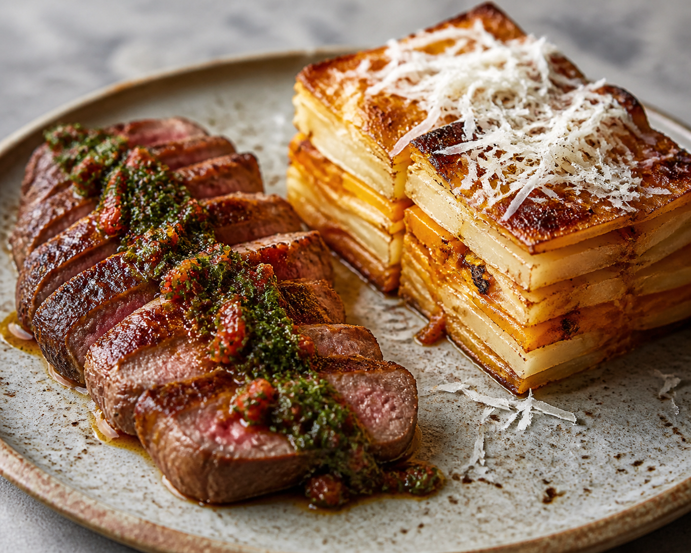 Bifes de chorizo al chimichurri de tomate seco con milhojas rústica de papa y calabaza