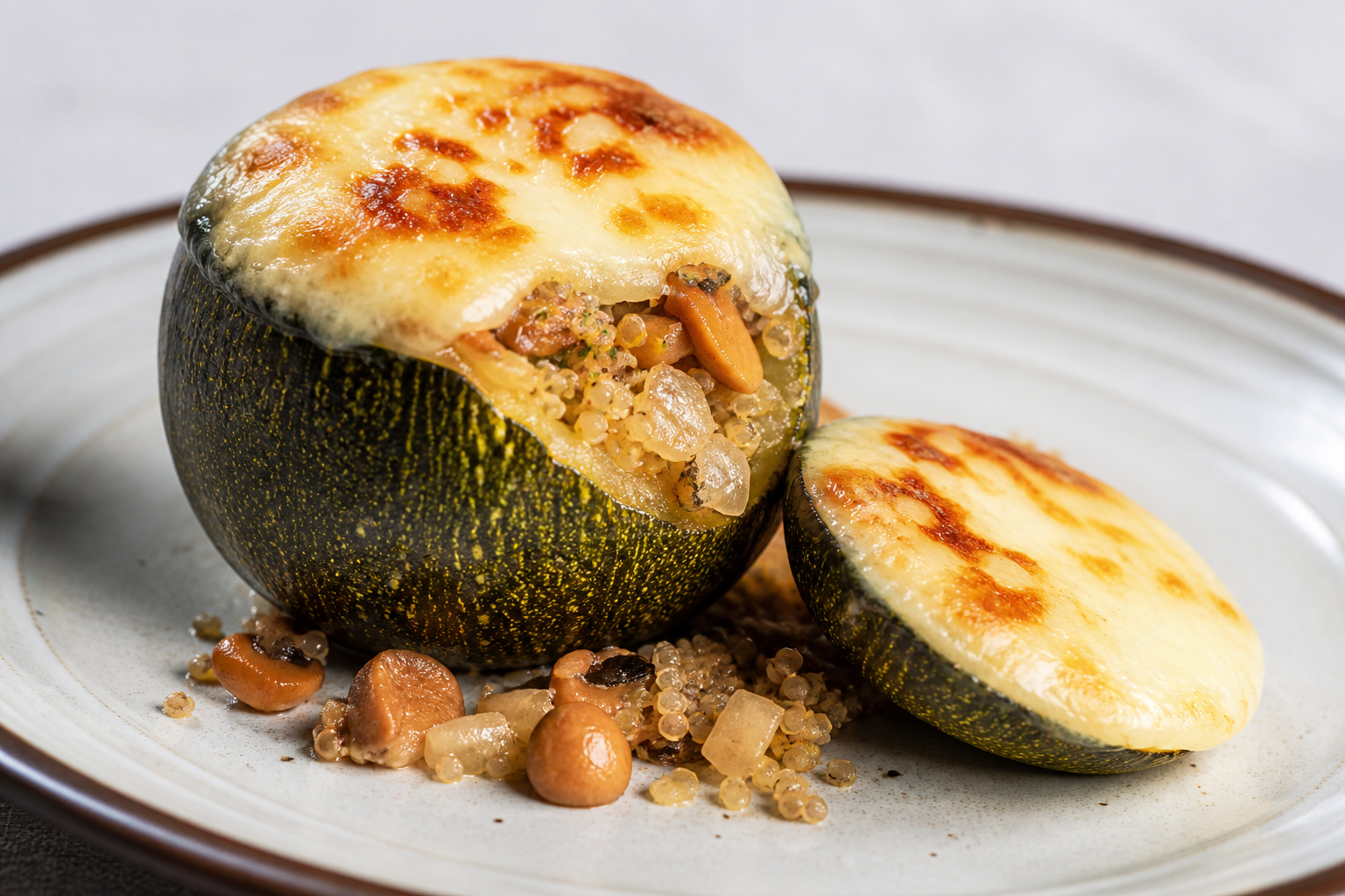 Zapallitos Redondos Gratinádos con Quinoa Criolla, Hongos Dorados y Provoleta