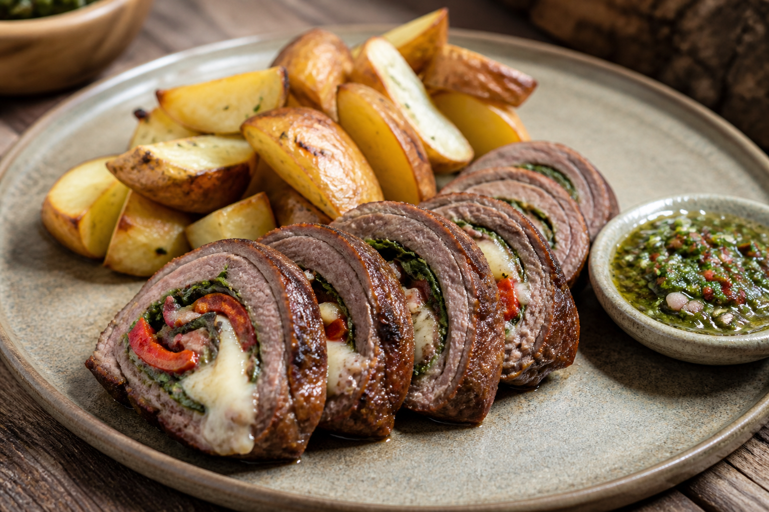 Matambre arrollado de verduras asadas y provoleta con papas rústicas al chimichurri suave