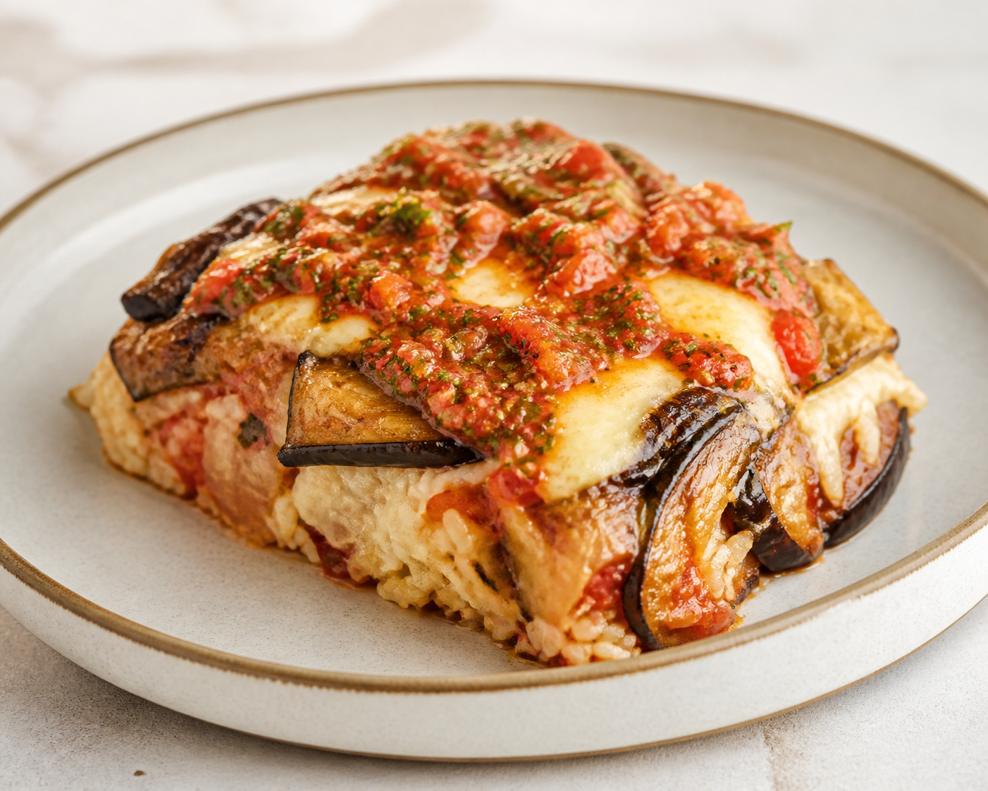 Creole-Style Rice and Roasted Eggplant Bake with Pategrás Cheese and Tomato Chimichurri