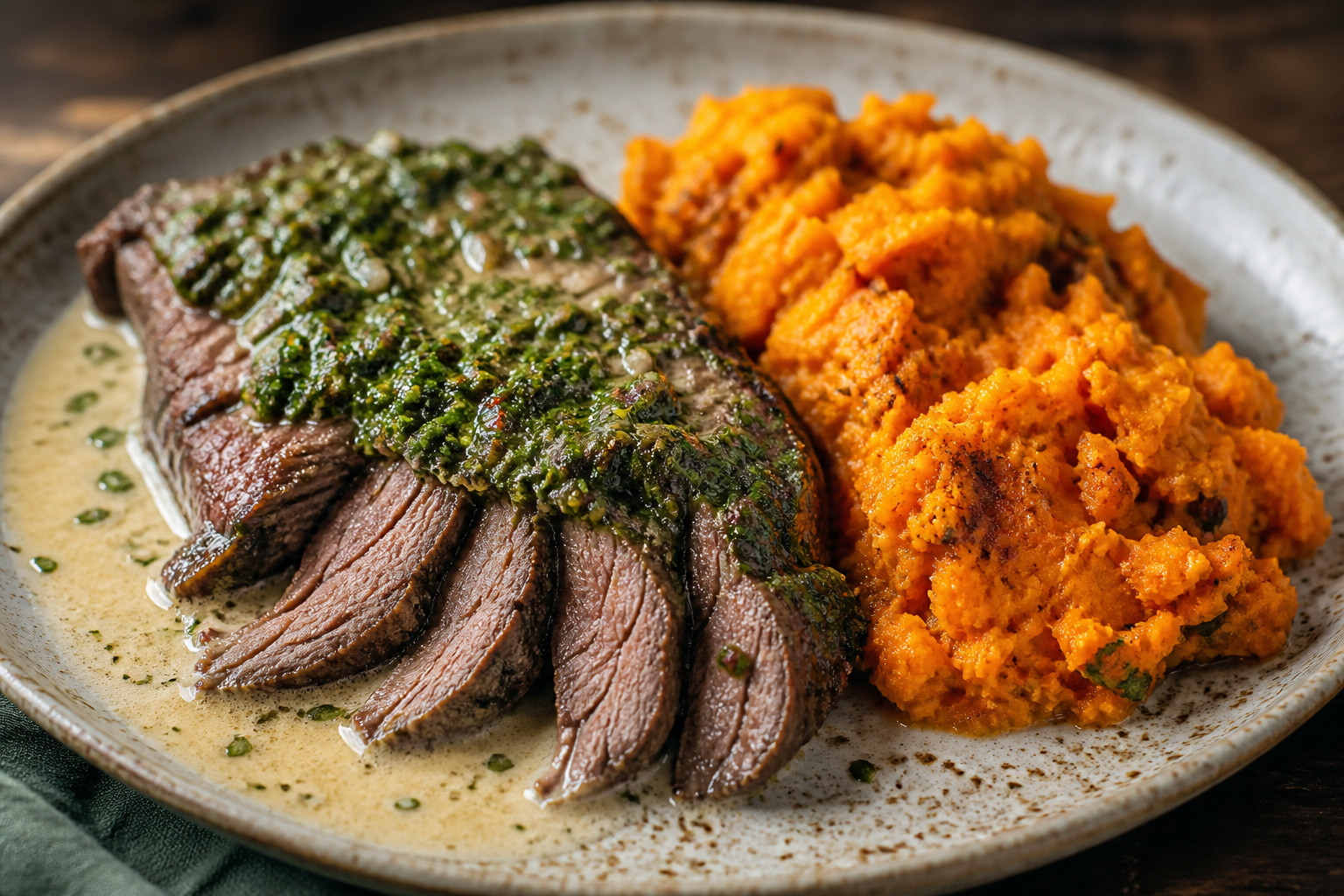 Matambre tiernizado a la leche con costra de chimichurri y puré rústico de batata ahumada