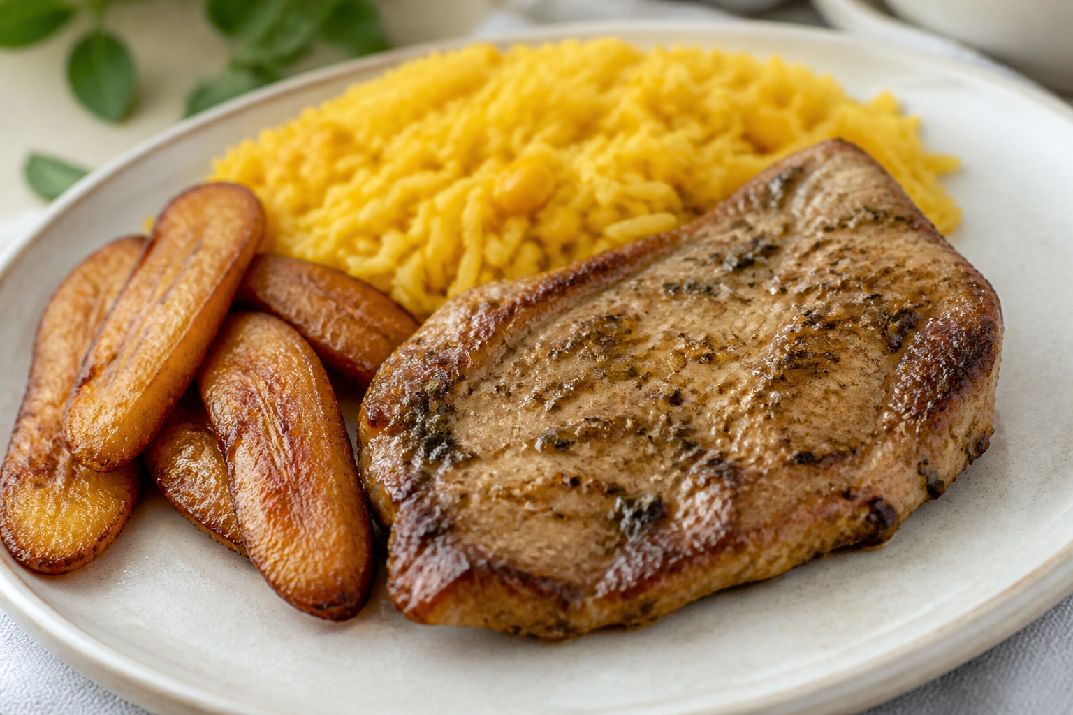 Cuban Pork Steak in Sour Orange and Oregano Marinade with Yellow Corn Rice and Golden Sweet Plantains