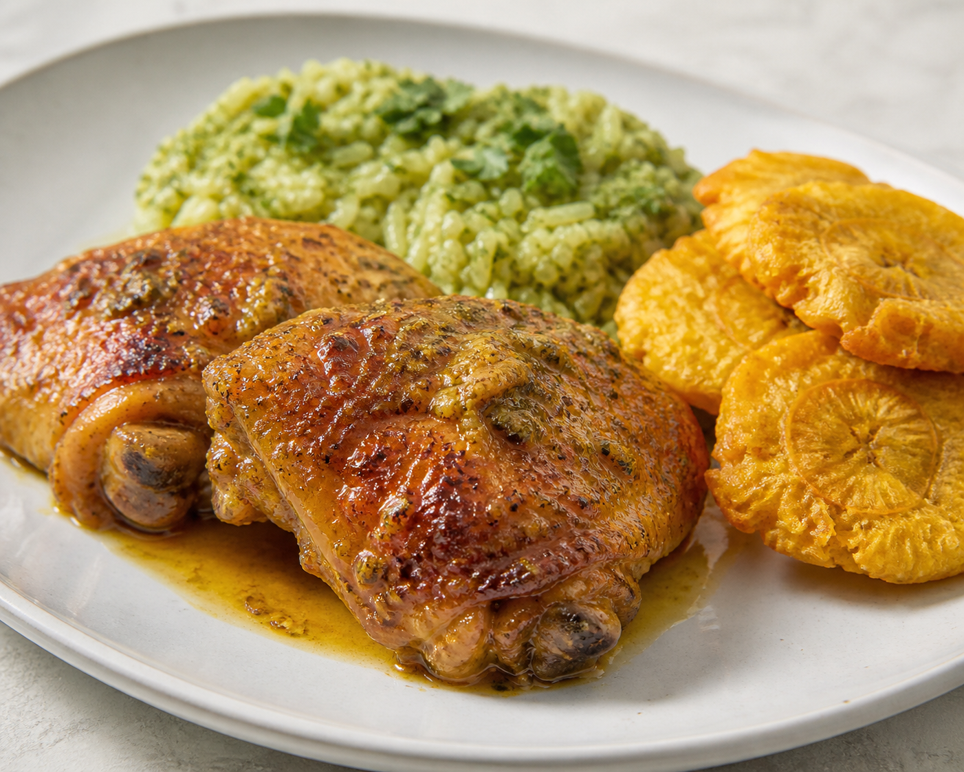 Cuban Roasted Chicken with Sour Orange Mojo, Parsley Green Rice and Garlic Tostones