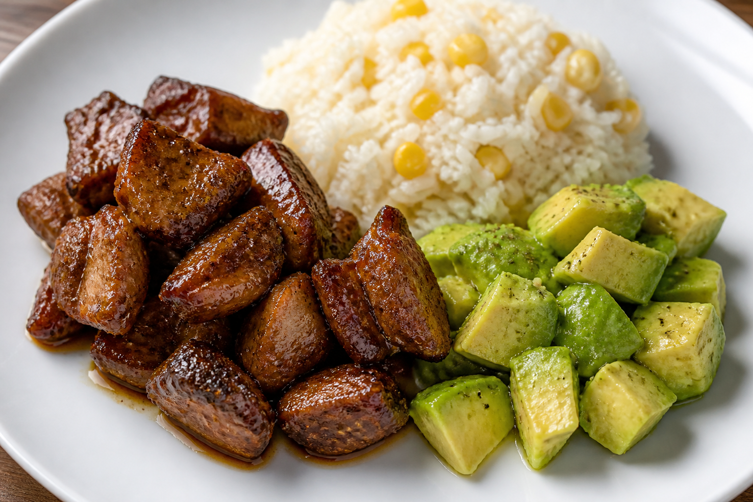 Masitas Cubanas de Cerdo al Café Suave con Arroz Cremoso de Maíz y Ensalada Tibia de Aguacate