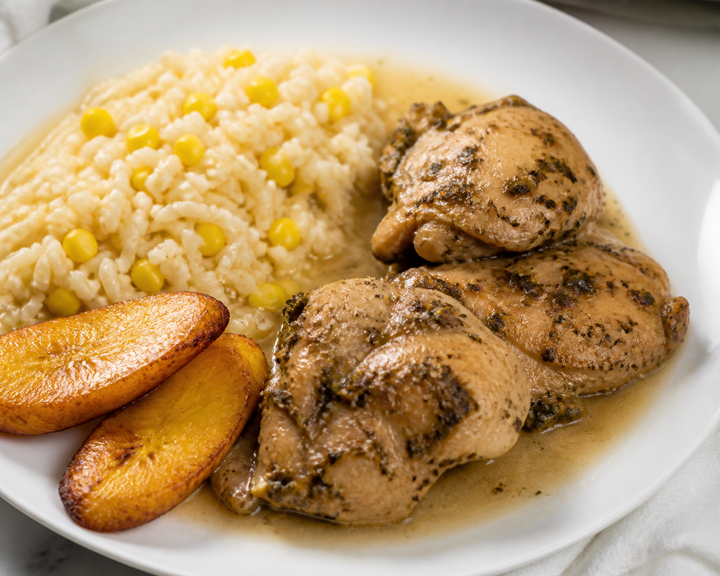Cuban Chicken in Sour Orange and Oregano Marinade with Brothy Corn Rice and Golden Sweet Plantain
