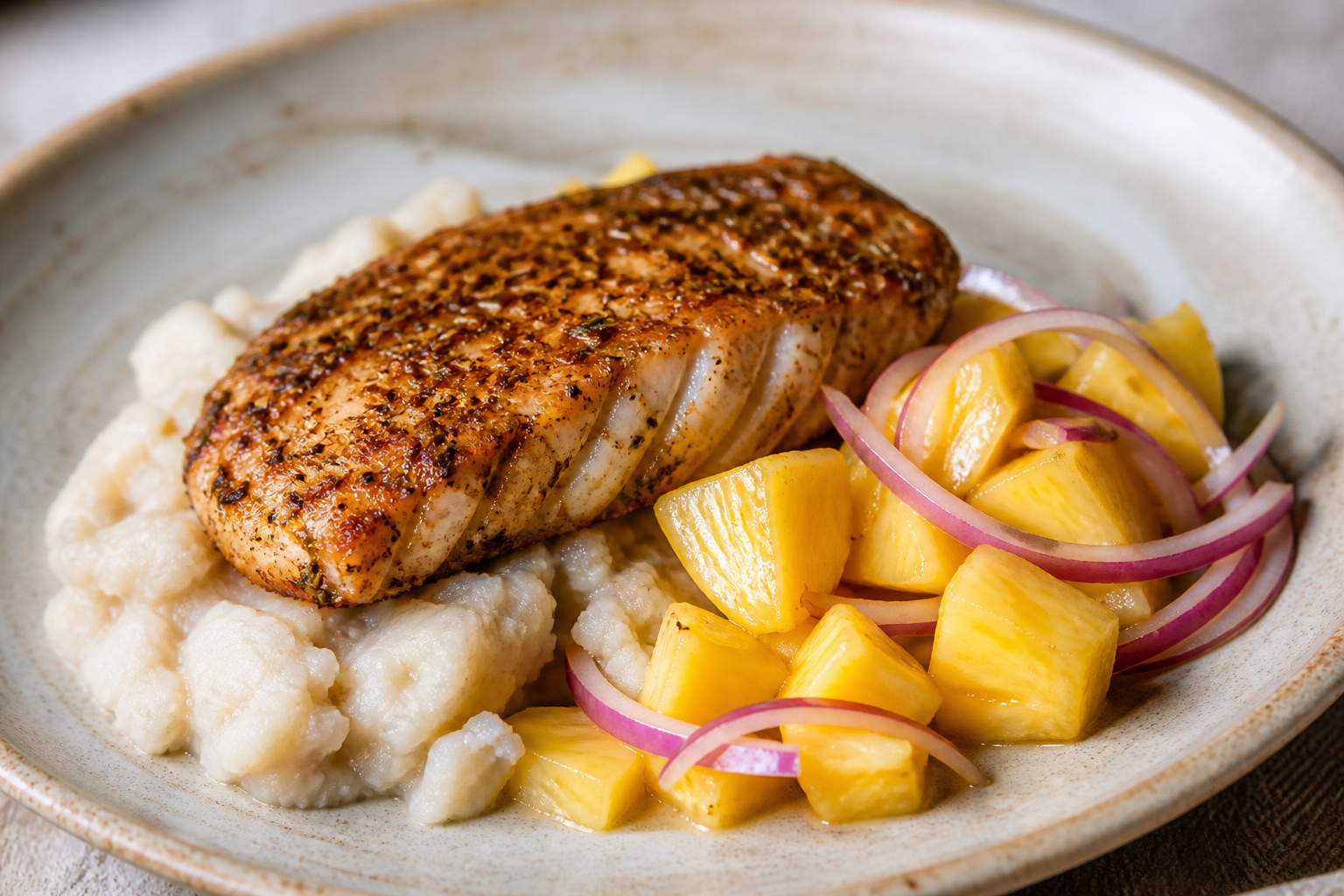 Puerto Rican Anise-Crushed Grouper with Rustic Malanga Mash and Warm Pickled Pineapple Salad