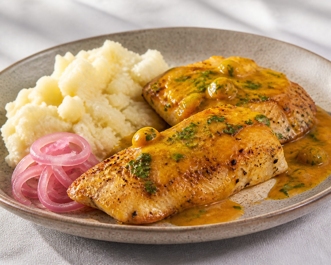 Corvina ecuatoriana en salsa tibia de uvilla y culantro con majado rústico de yuca y cebolla encurtida